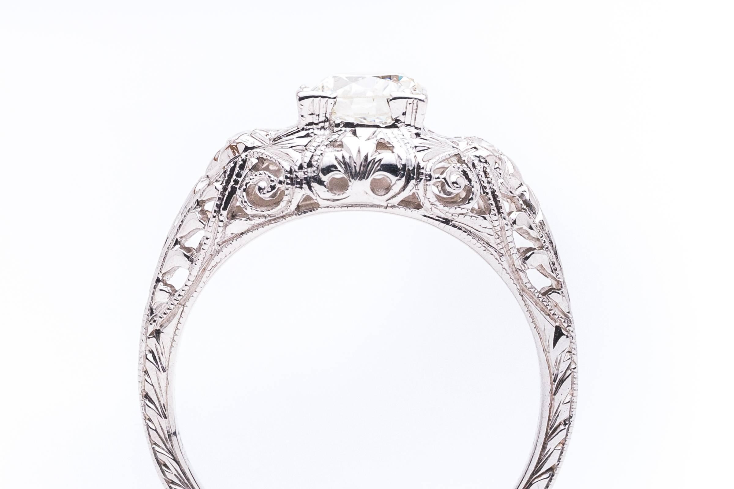 Women's Art Deco Hand Engraved 0.75 Carat Diamond Filigree Engagement Ring in Platinum For Sale