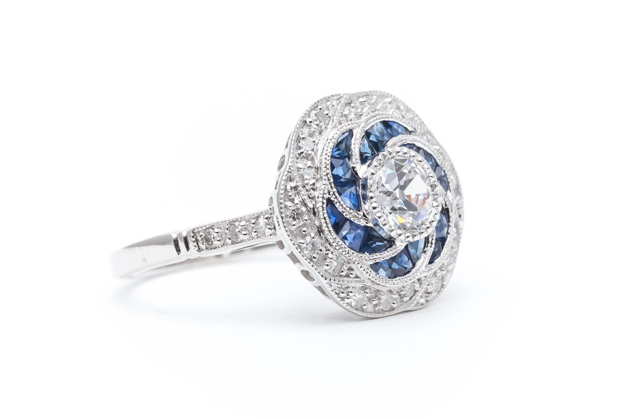 Fantastic Floral Motif 1.76 Carat Diamond & Sapphire Engagement Ring In Excellent Condition In Boston, MA