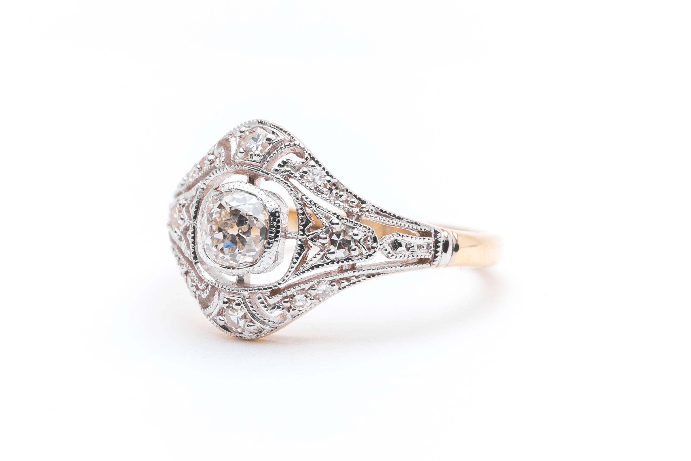 Women's Platinum and 18 Karat Edwardian 0.78 Carat Engagement Ring
