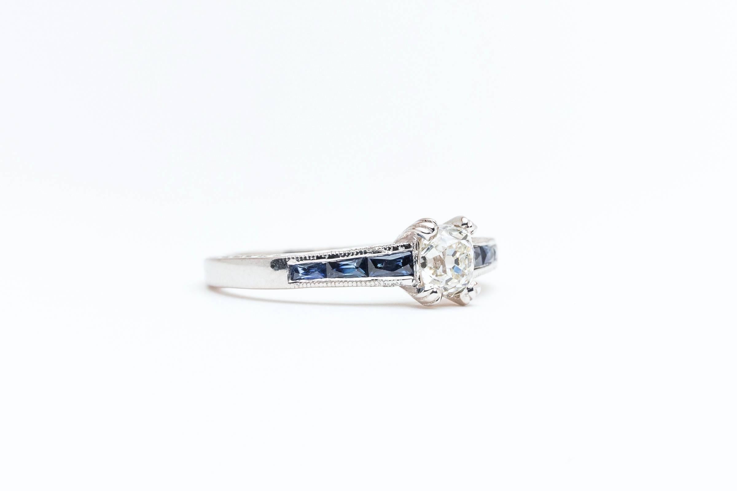 Art Deco Hand Engraved 1.35 Carat Diamond French Cut Sapphire Platinum Ring