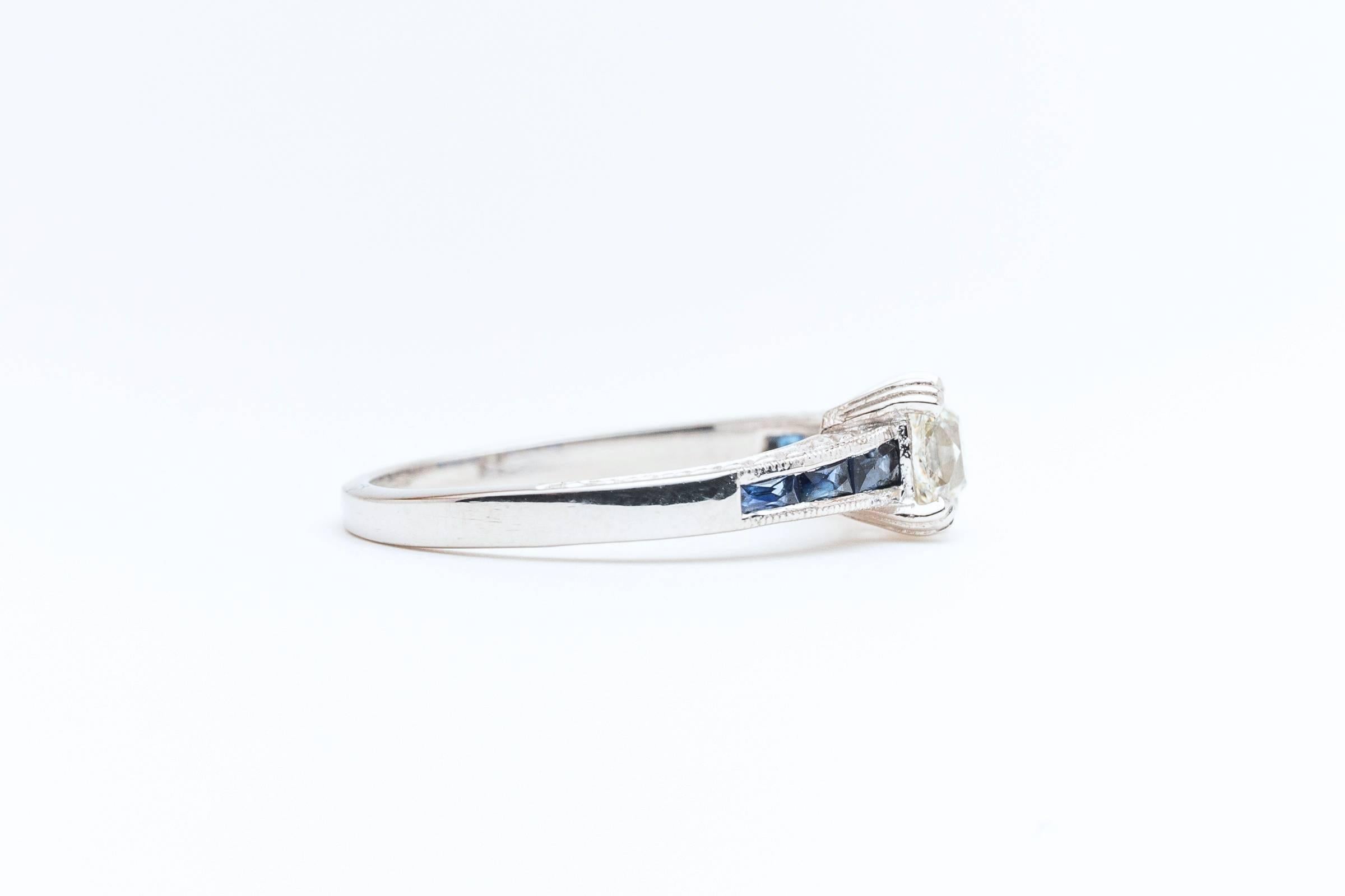 Women's Hand Engraved 1.35 Carat Diamond French Cut Sapphire Platinum Ring