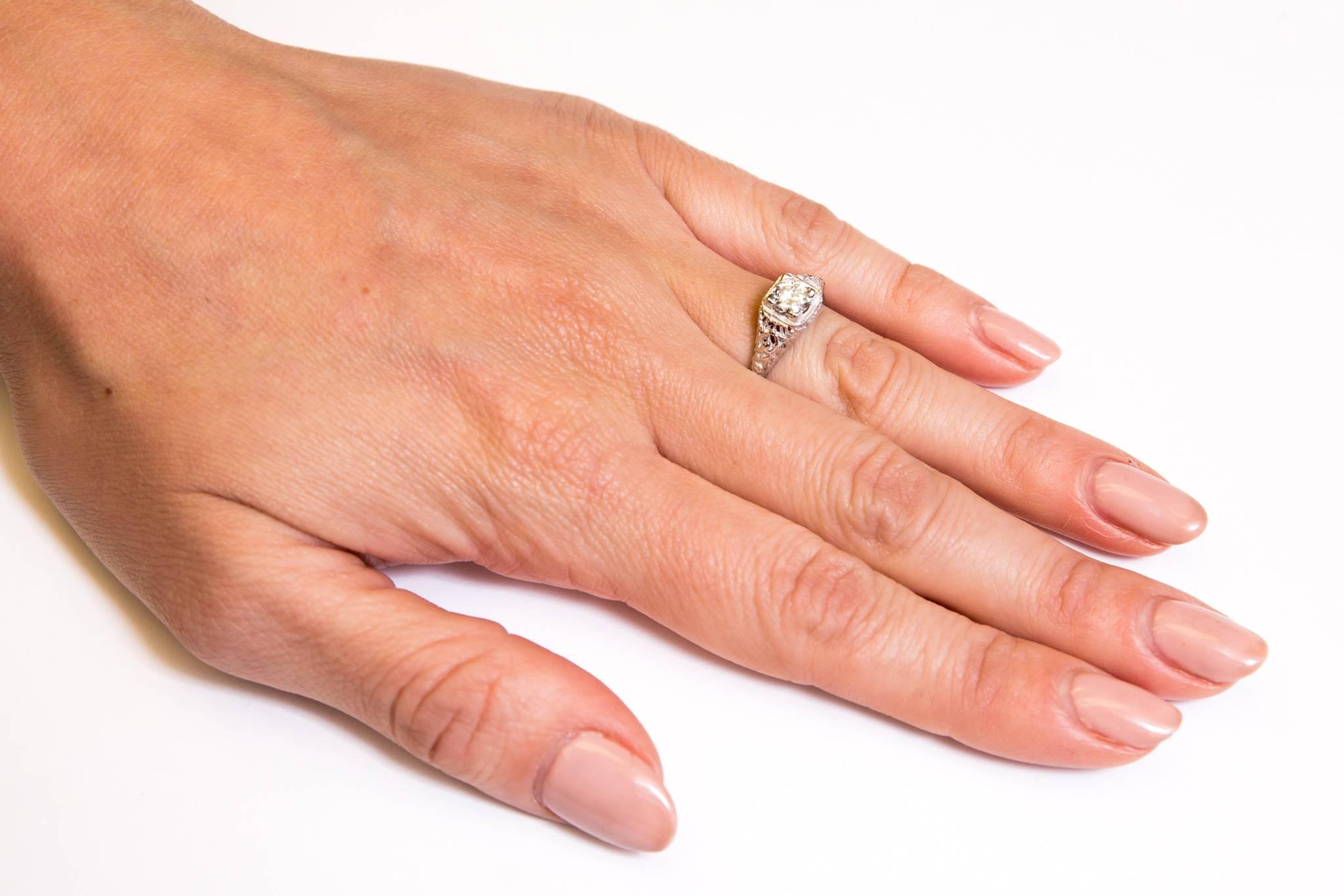 Art Deco Floral Filigree 0.65 Carat Diamond Engagement Ring  3