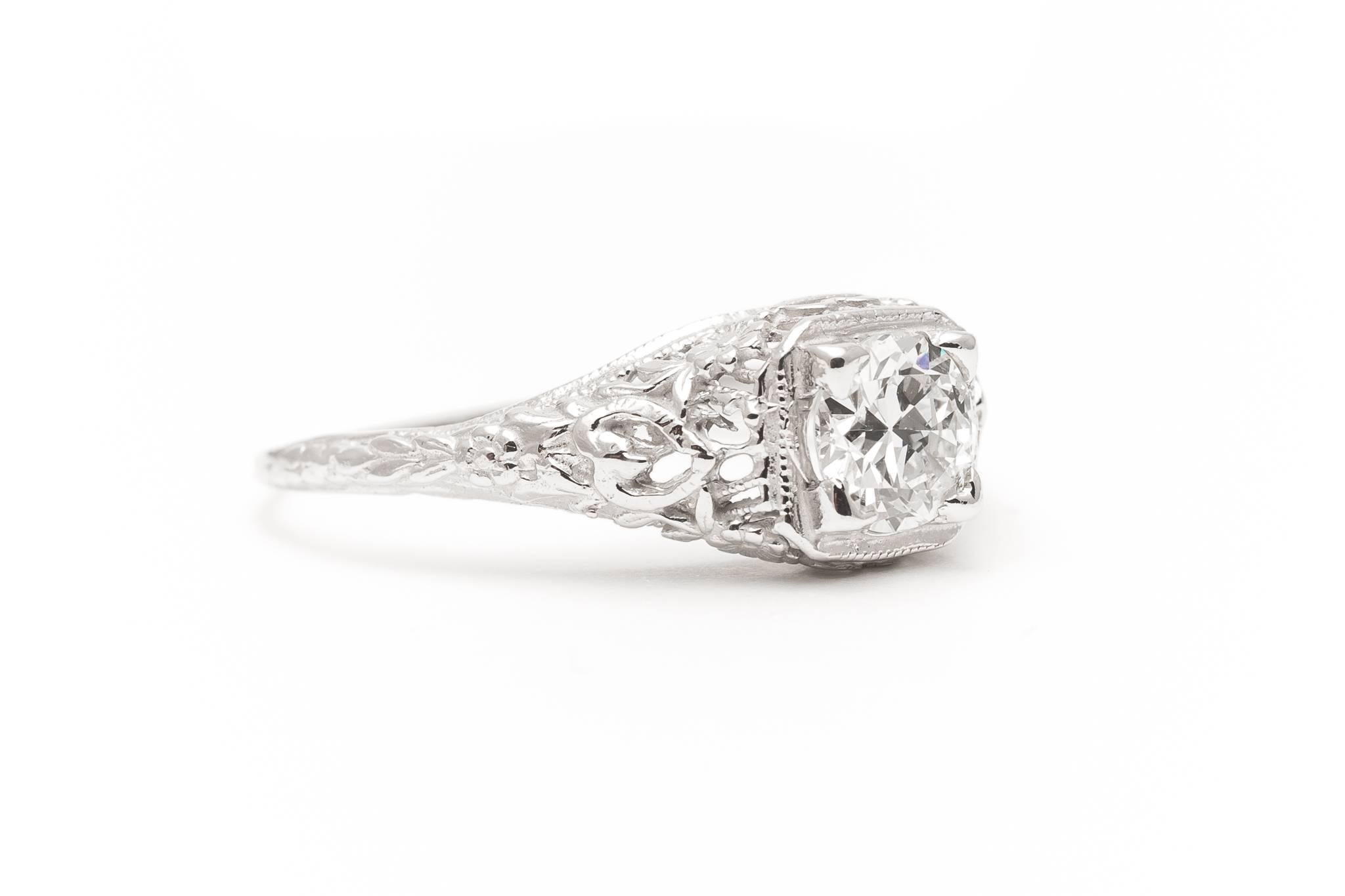 Art Deco Floral Filigree 0.65 Carat Diamond Engagement Ring  In Excellent Condition In Boston, MA