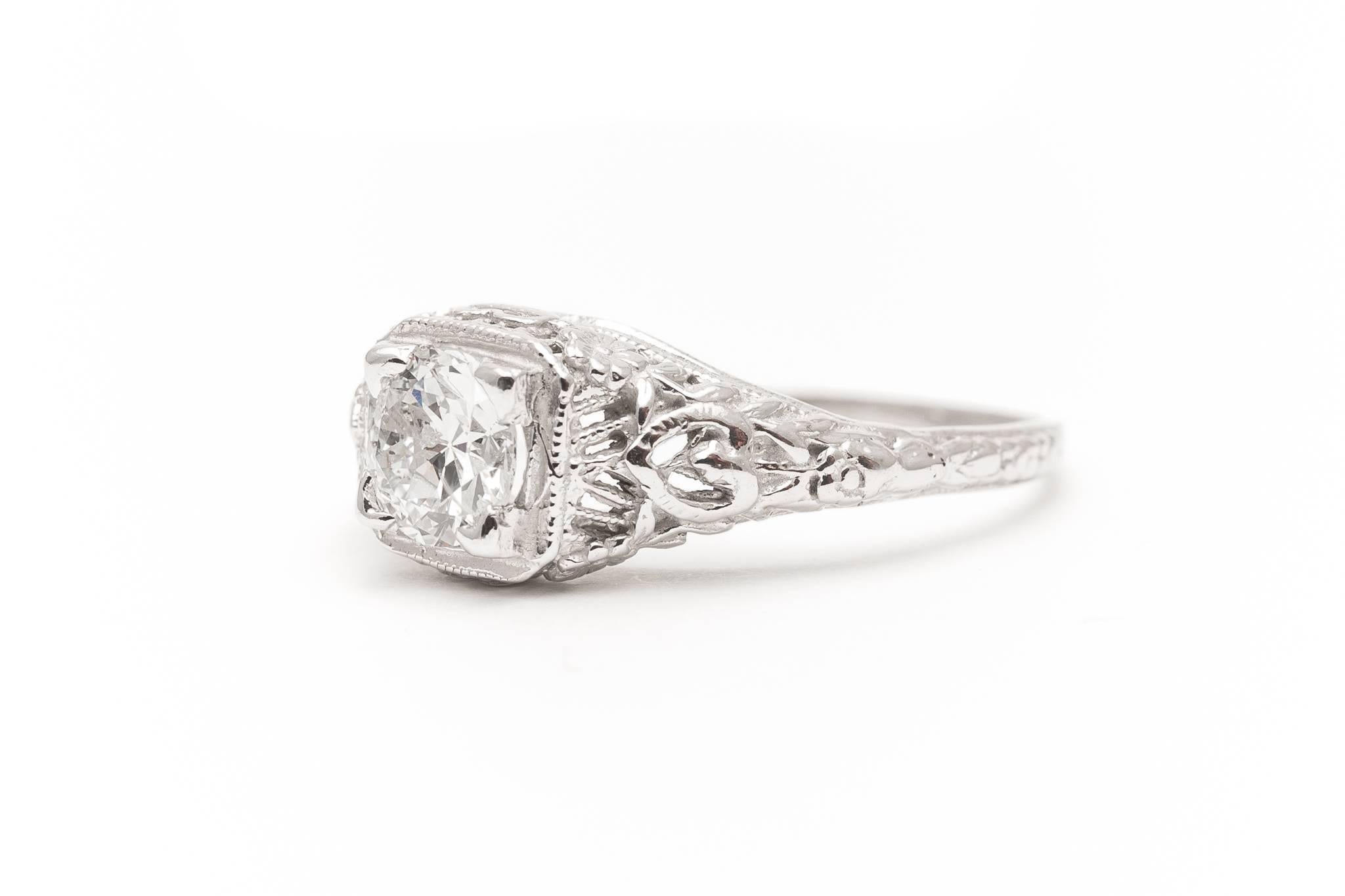 Women's Art Deco Floral Filigree 0.65 Carat Diamond Engagement Ring 