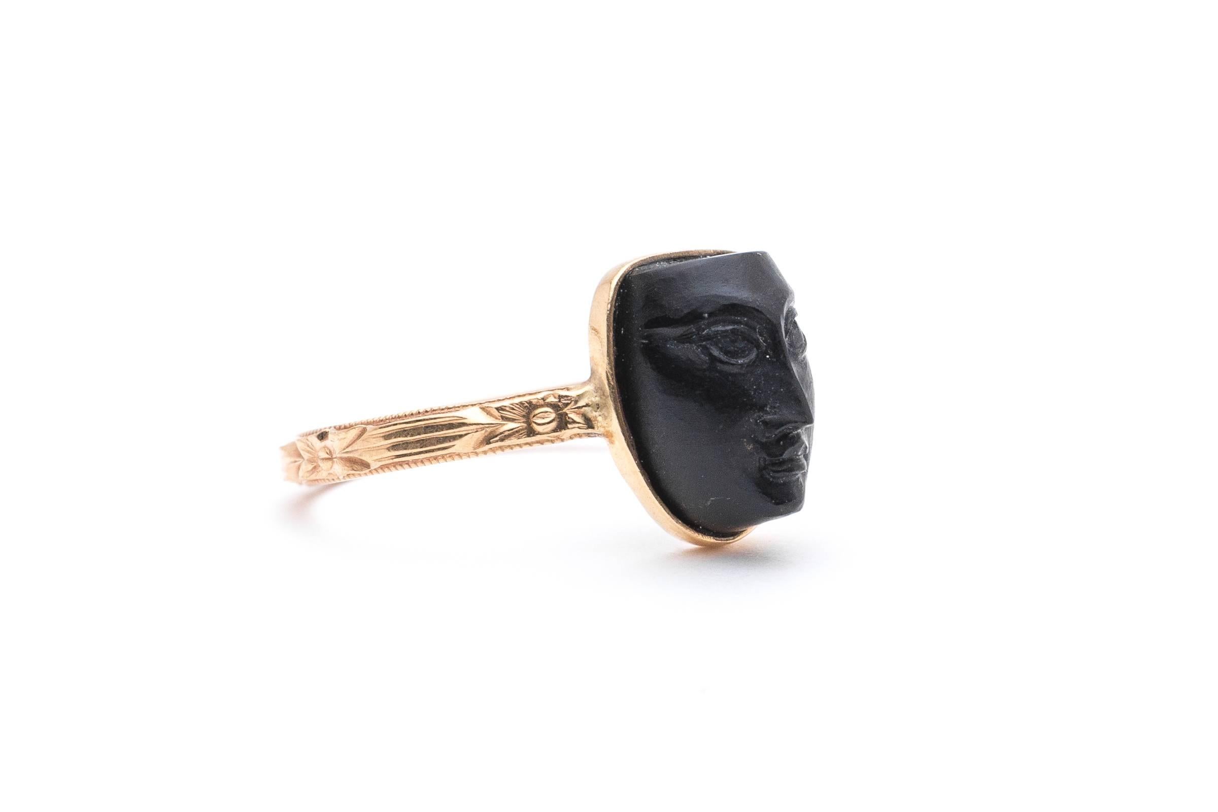 Egyptian Revival Art Nouveau Carved Jet Figural Ring In Excellent Condition For Sale In Boston, MA