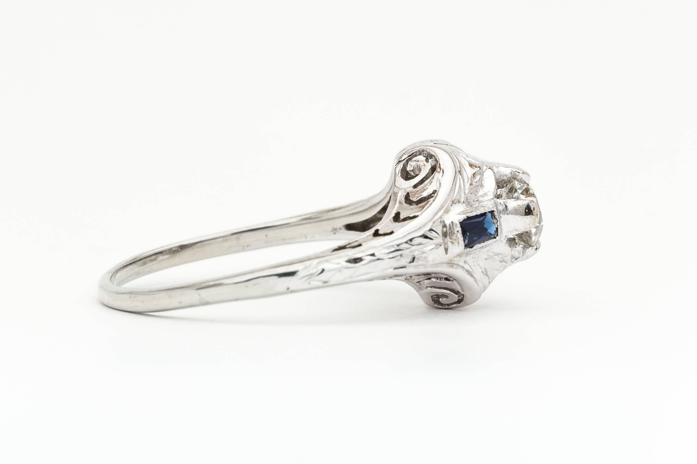 Art Deco 0.70 Carat Diamond  Sapphire Engagement Ring 1
