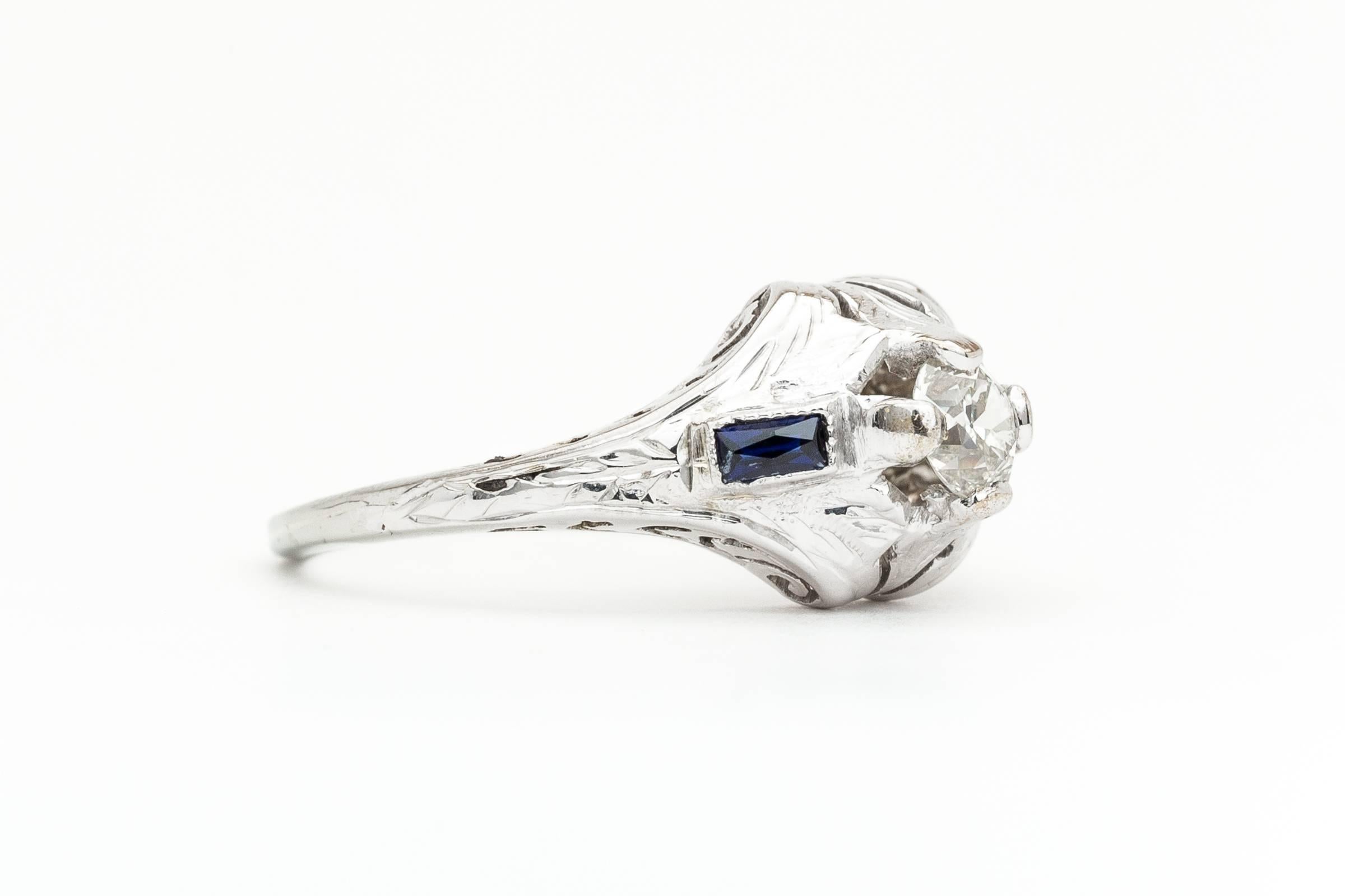 Art Deco 0.70 Carat Diamond  Sapphire Engagement Ring In Excellent Condition In Boston, MA