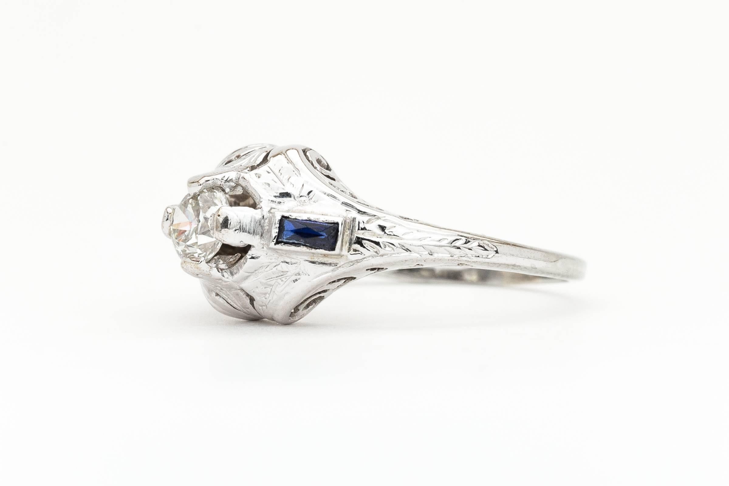 Women's Art Deco 0.70 Carat Diamond  Sapphire Engagement Ring