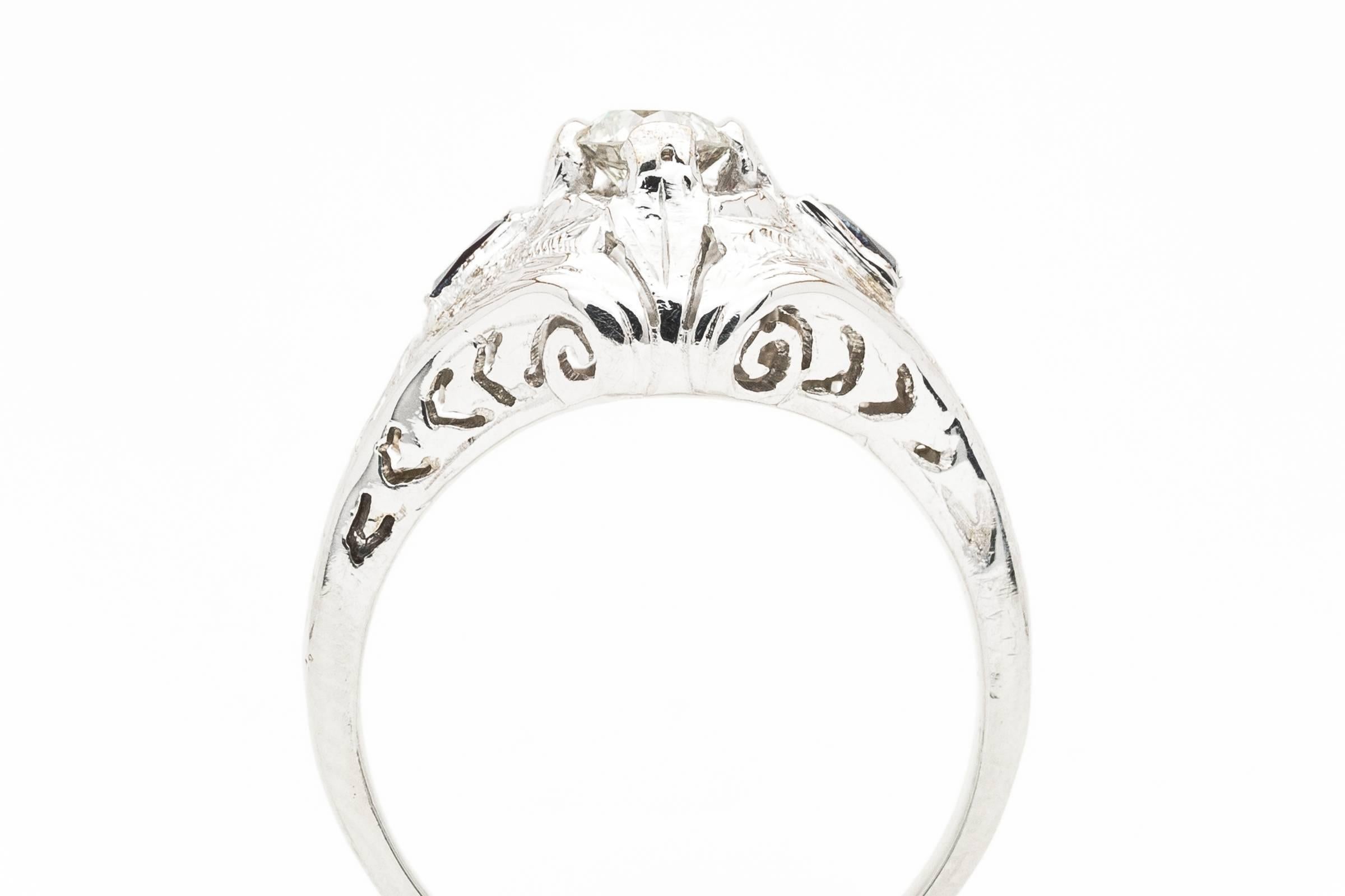 Art Deco 0.70 Carat Diamond  Sapphire Engagement Ring 2