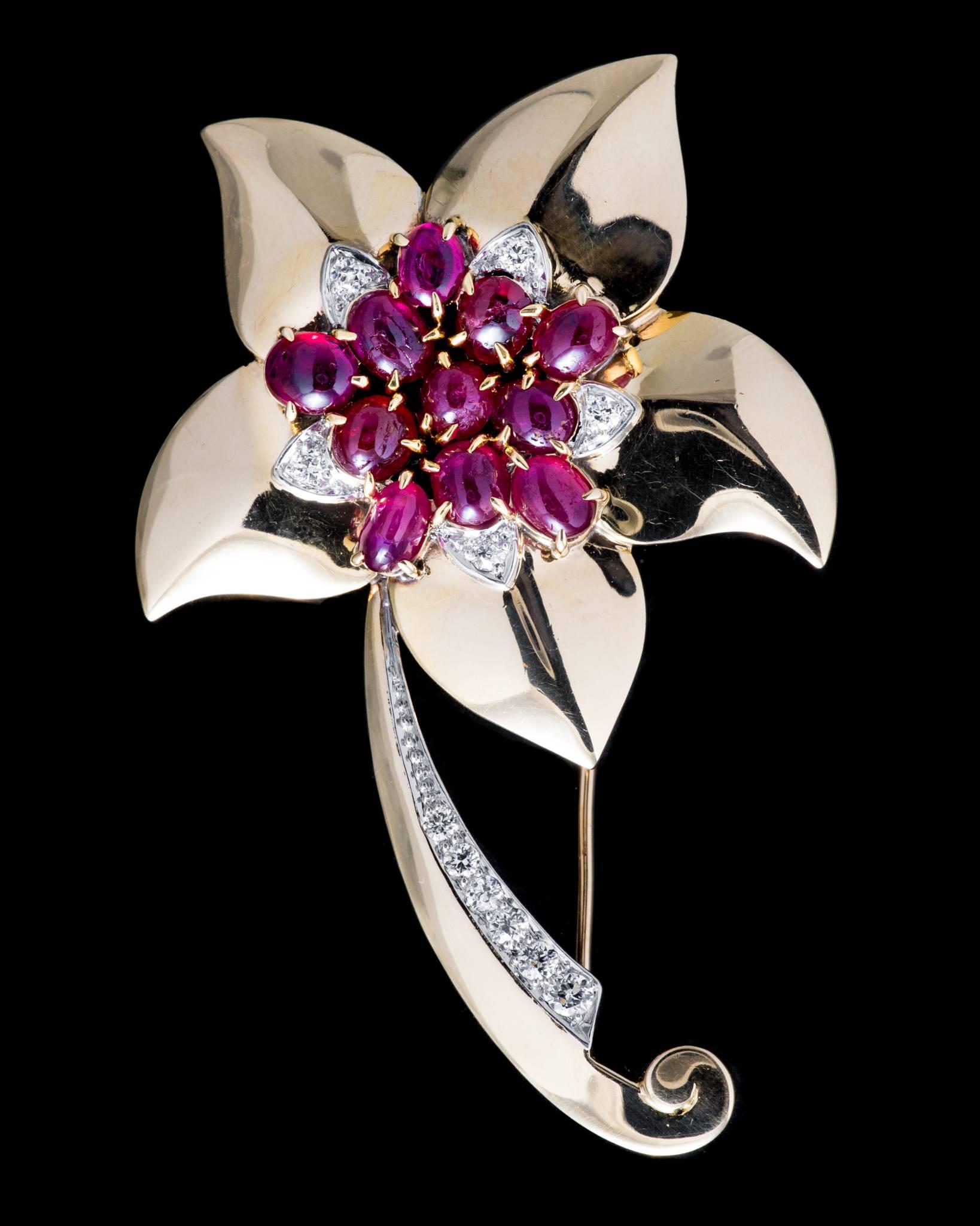 Marcus & Co Retro Ruby Diamond Flower Brooch In Excellent Condition In Boston, MA