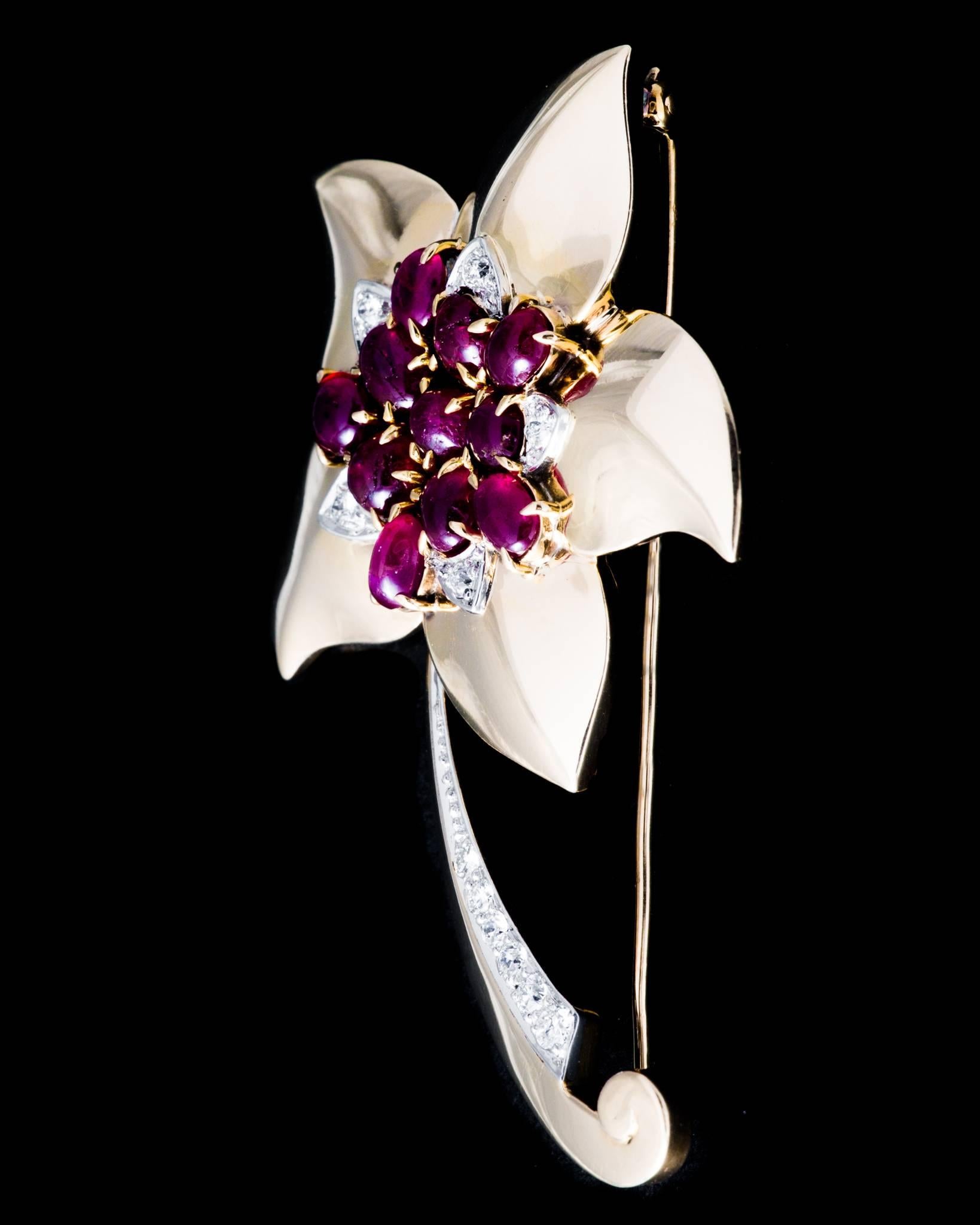 Marcus & Co Retro Ruby Diamond Flower Brooch 1