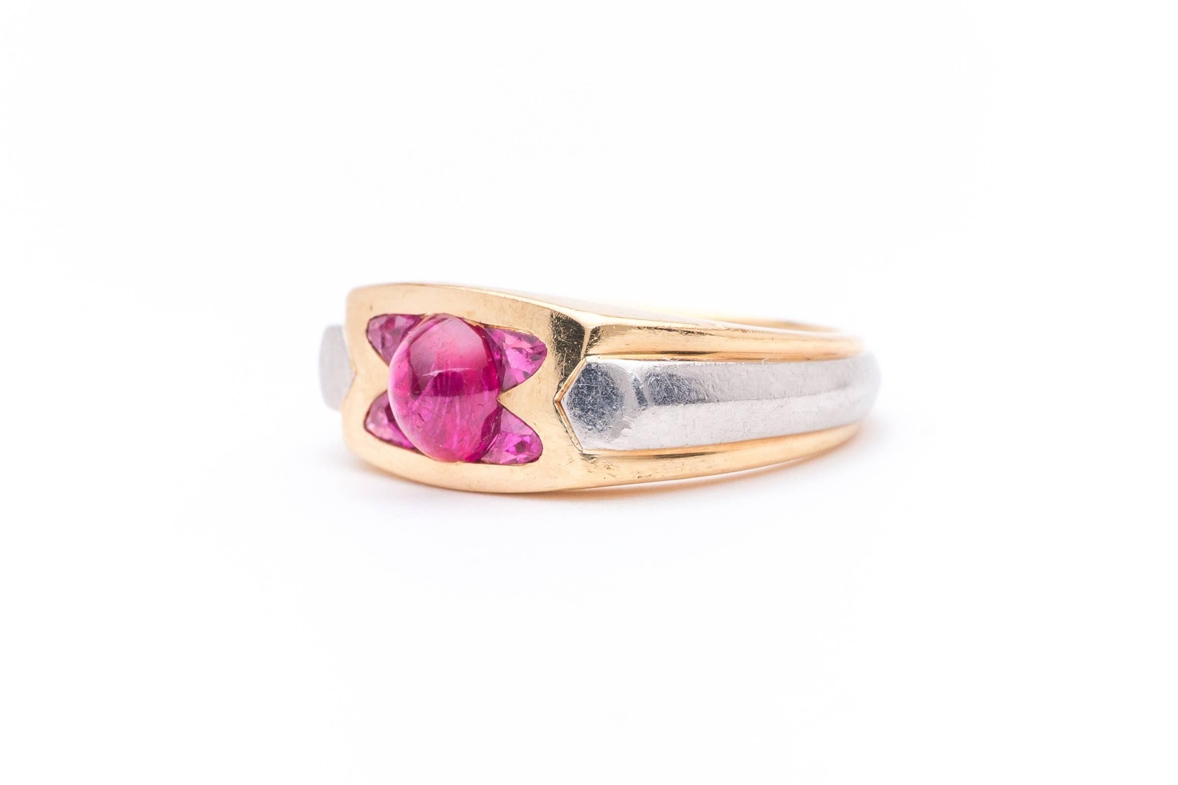 Women's or Men's French Art Deco Ruby Gold Platinum Ring