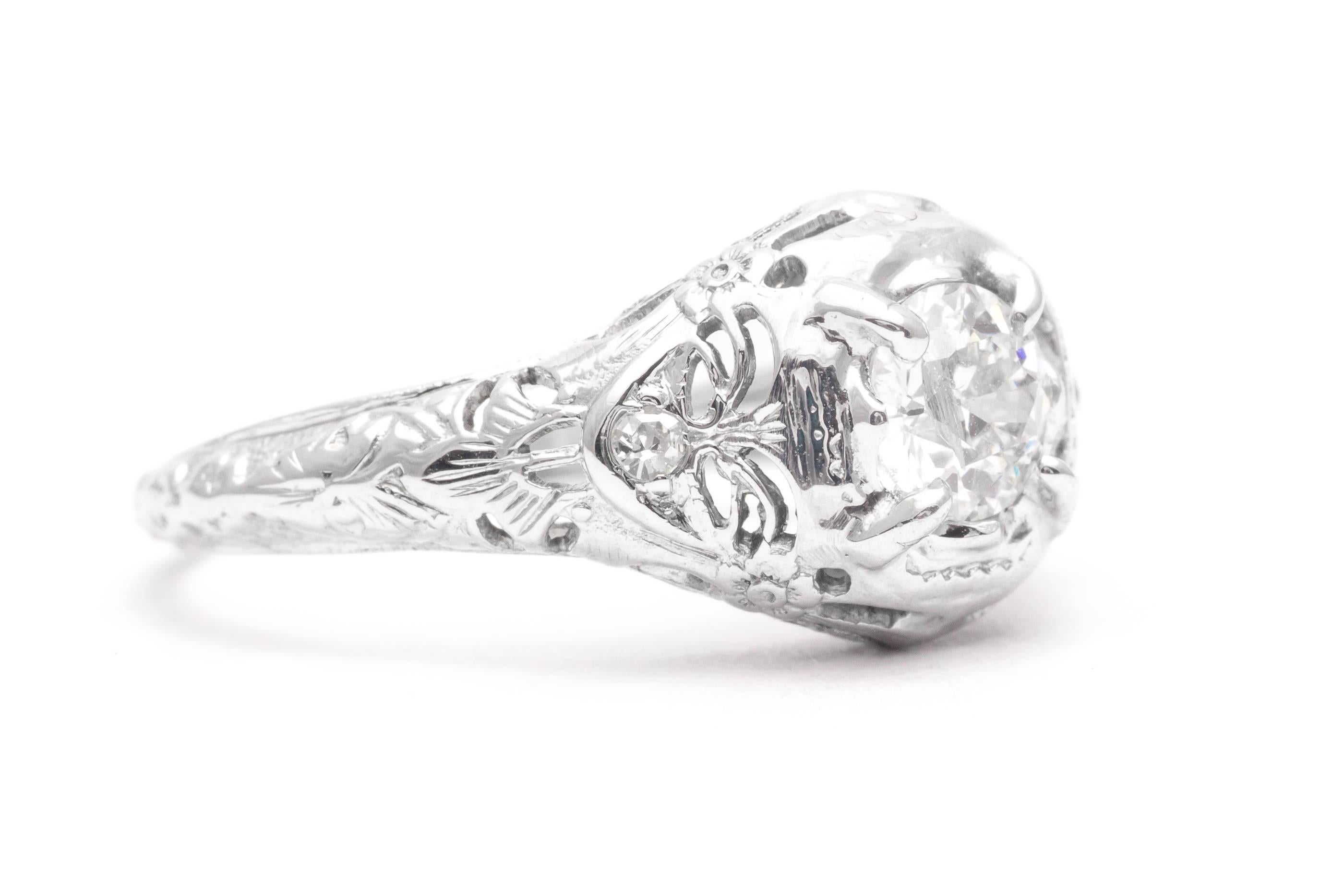 Old European Cut Art Deco 0.55 Carat Diamond Filigree Engagement Ring in 18k White Gold For Sale
