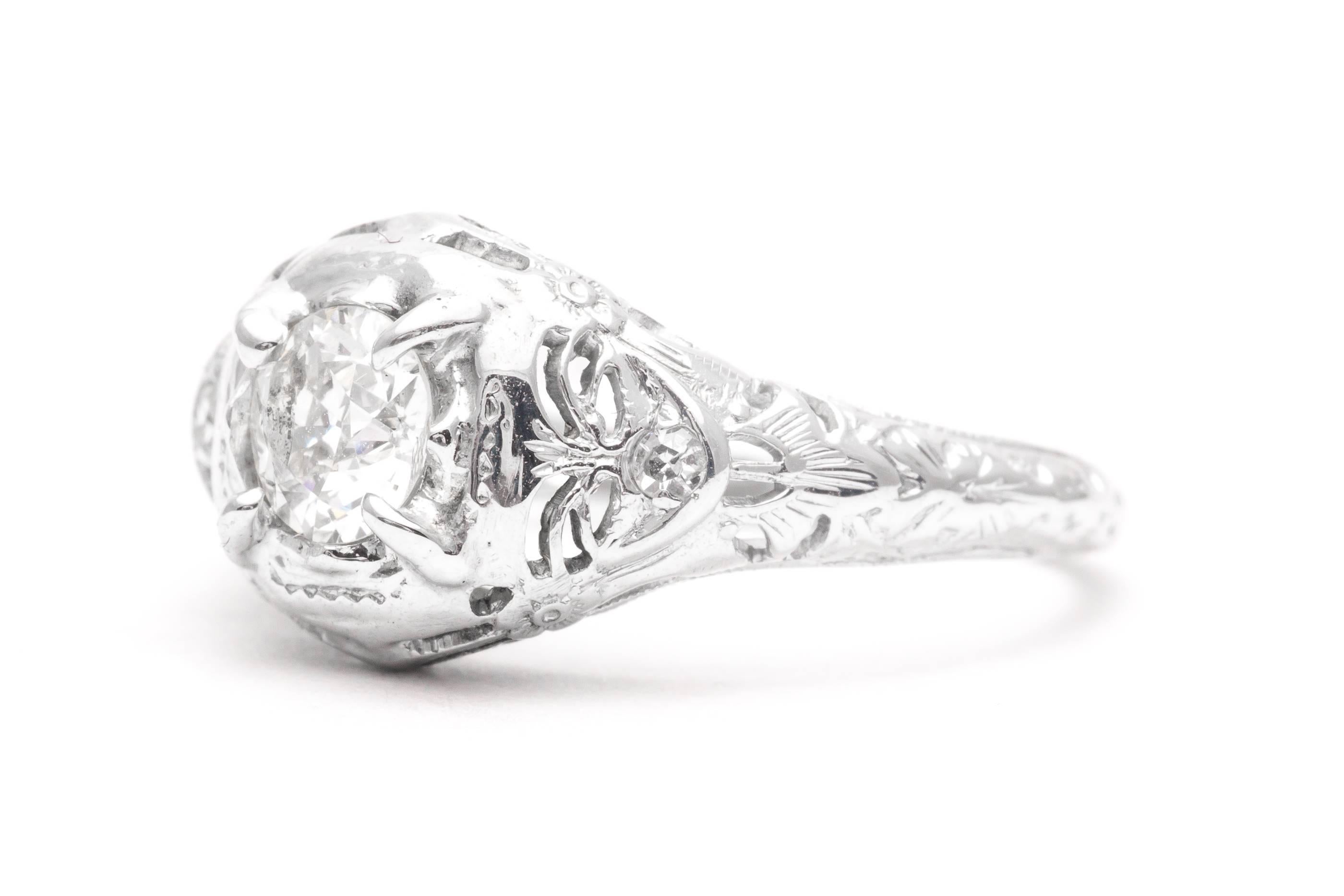 Art Deco 0.55 Carat Diamond Filigree Engagement Ring in 18k White Gold In Excellent Condition For Sale In Boston, MA