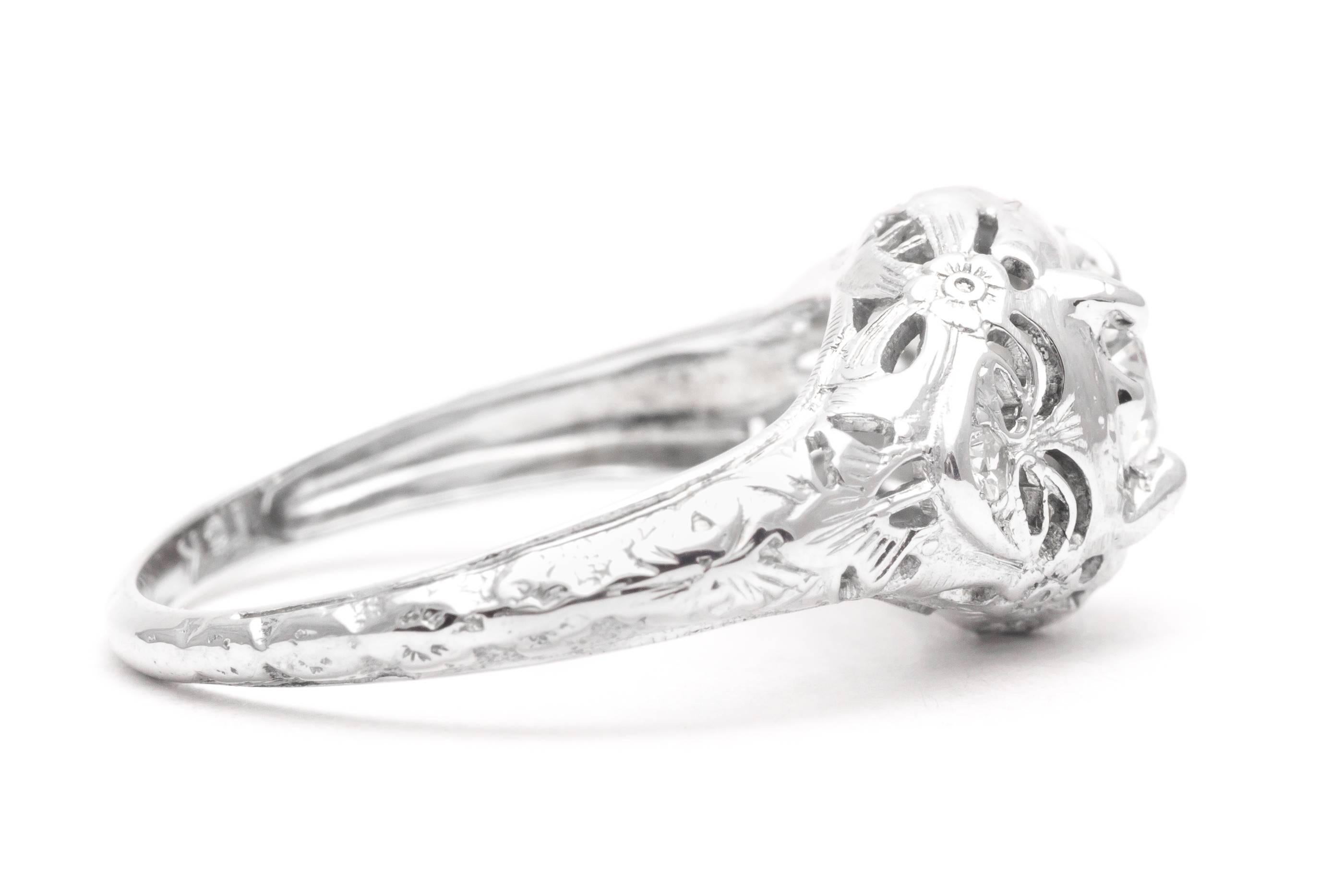 Women's Art Deco 0.55 Carat Diamond Filigree Engagement Ring in 18k White Gold For Sale