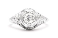 Hand Engraved Art Deco Diamond Engagement Ring in 18k White Gold