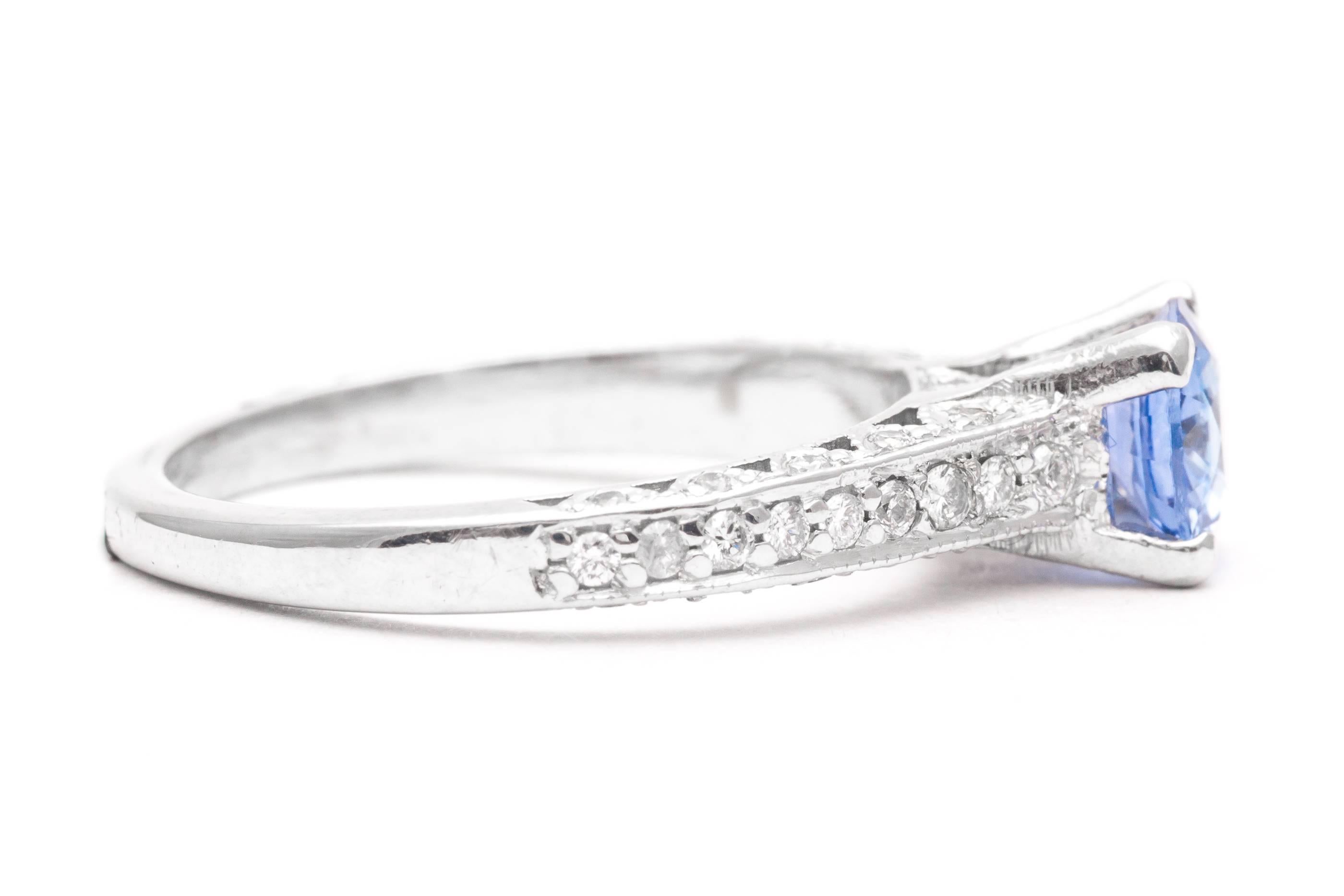 Pave Set Sapphire and Diamond Engagement Ring in White Gold For Sale 1