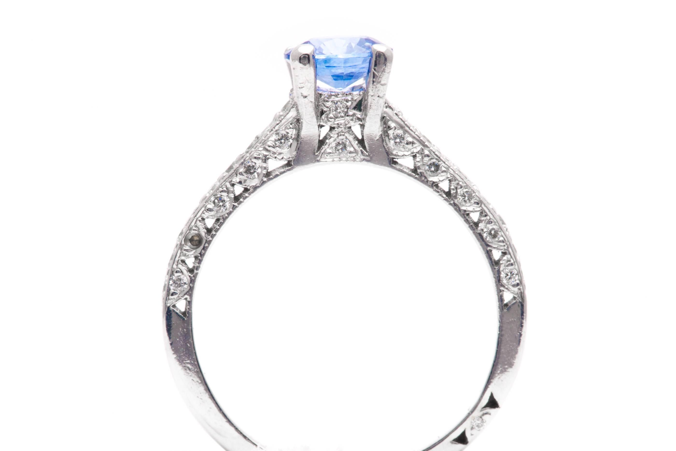Pave Set Sapphire and Diamond Engagement Ring in White Gold For Sale 2