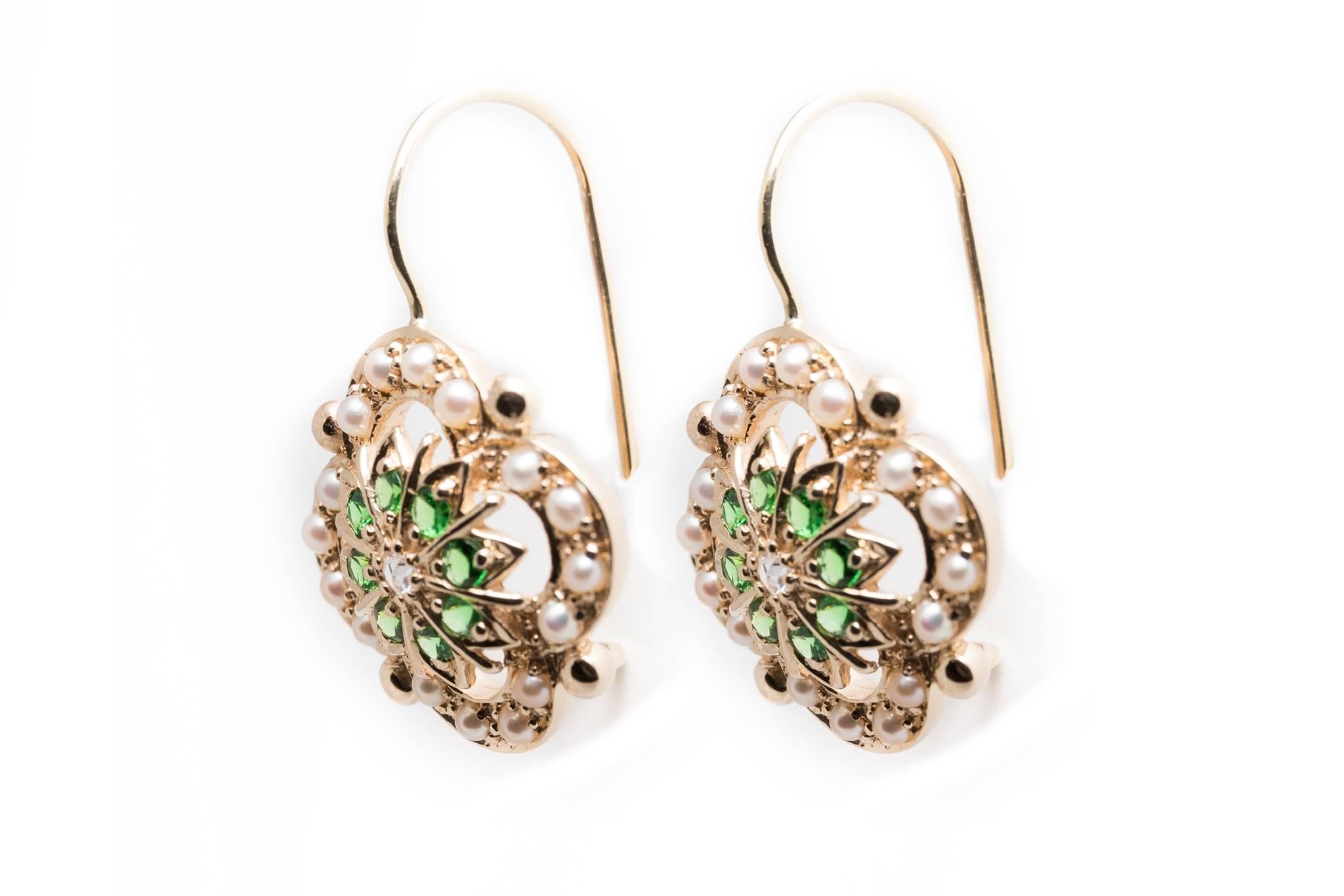 Diamond, Demantoid Garnet and Pearl Earrings In Excellent Condition For Sale In Boston, MA