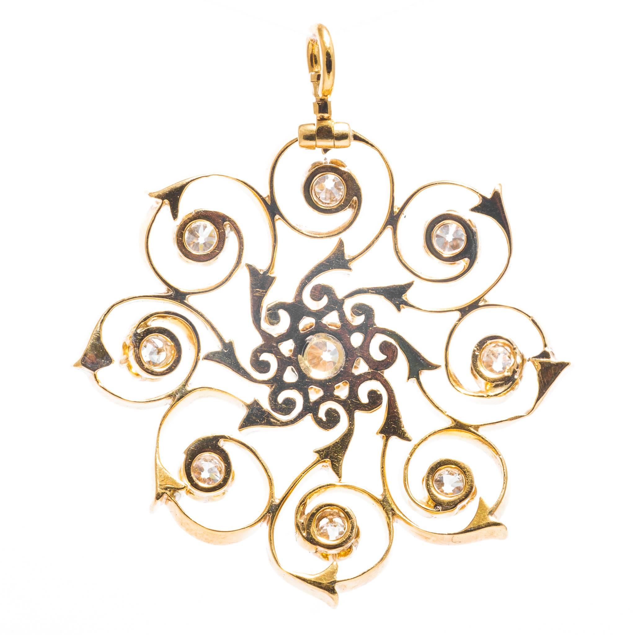 Women's Antique Swirl Form Diamond Yellow Gold Pendant For Sale