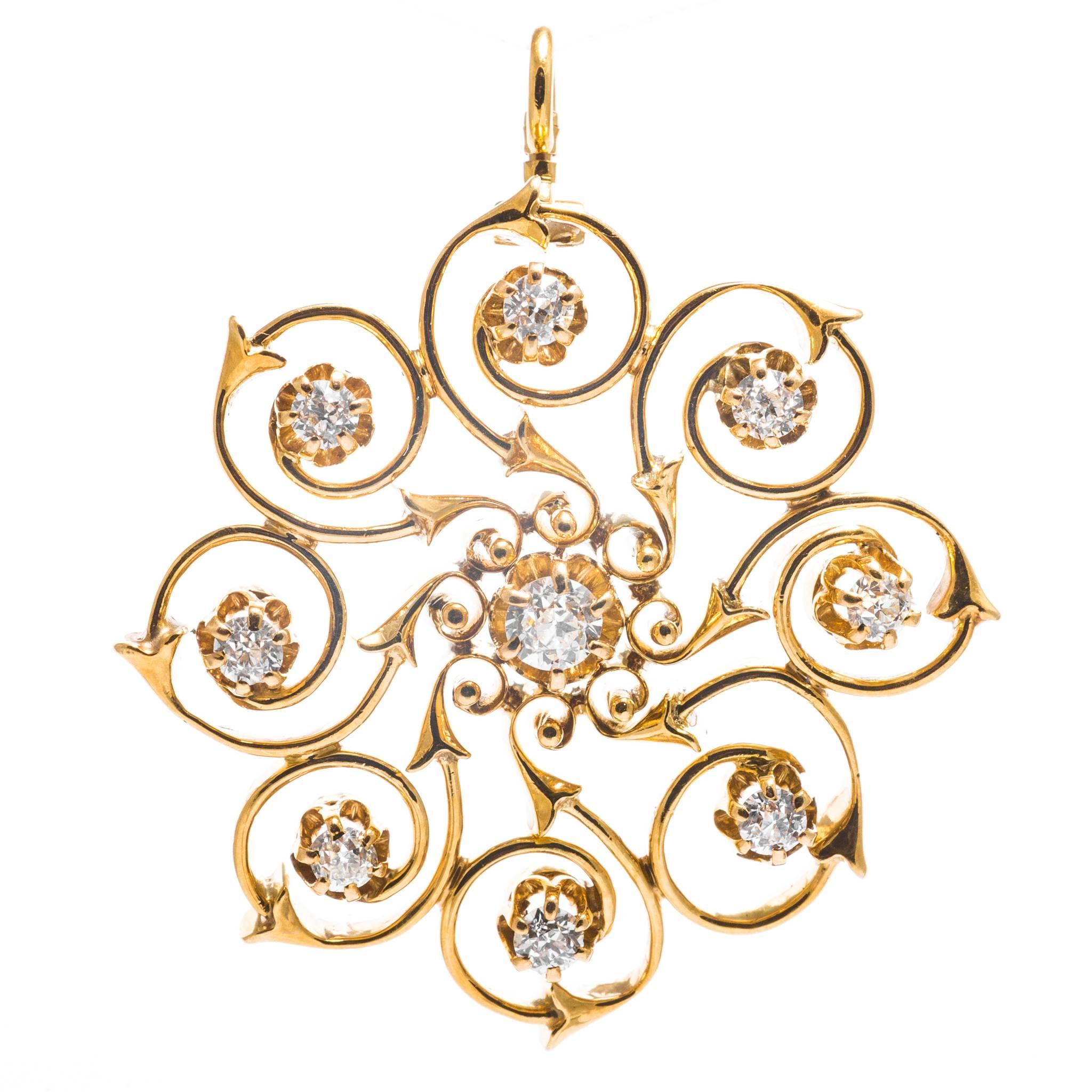 Antique Swirl Form Diamond Yellow Gold Pendant For Sale