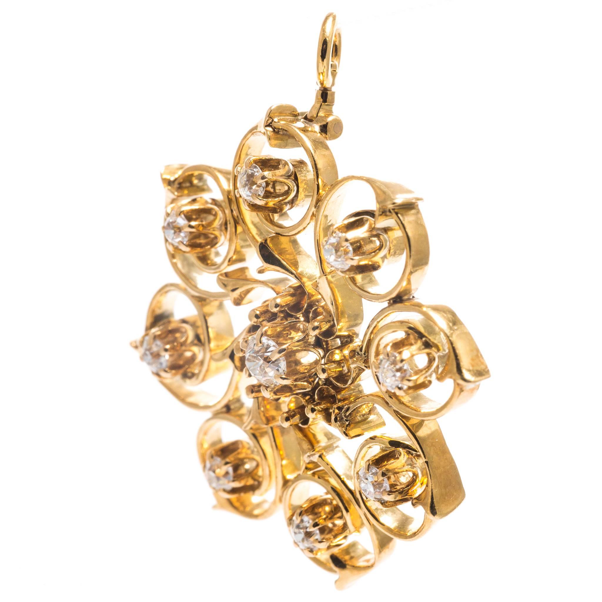 Art Nouveau Antique Swirl Form Diamond Yellow Gold Pendant For Sale