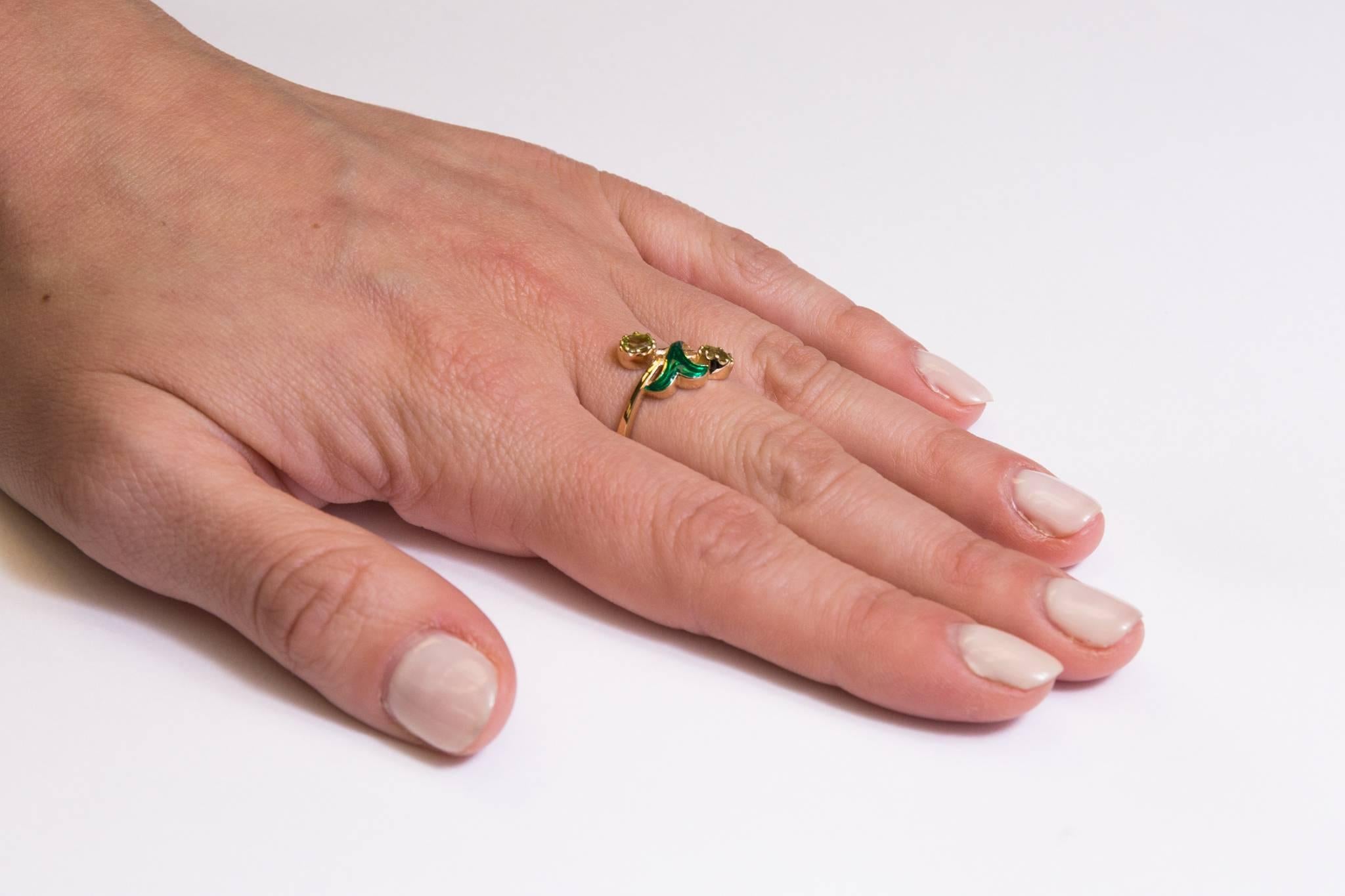  Peridot and Enamel Flower Ring in Yellow Gold 2