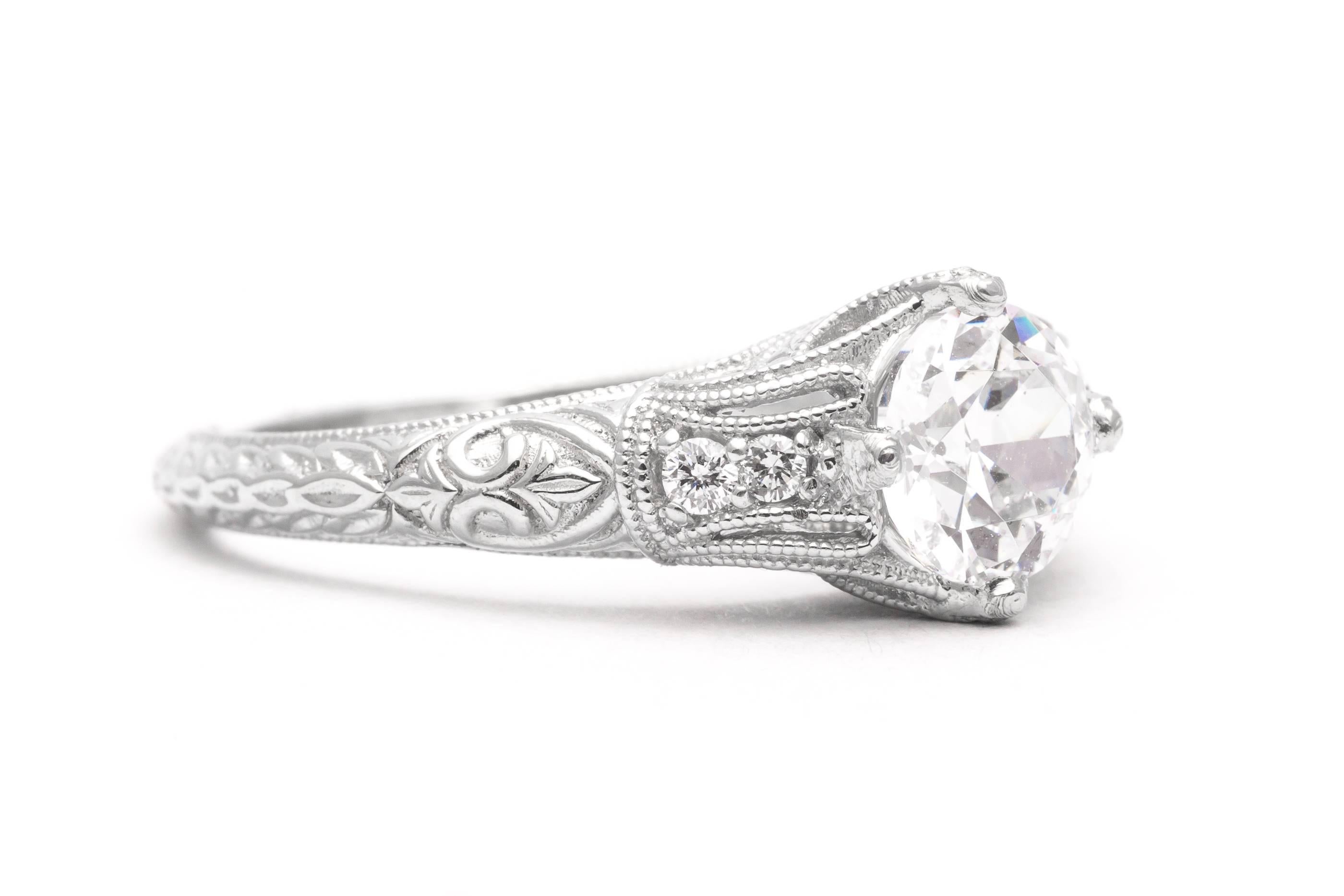 Old European Cut Hand Engraved 1.02 Carat Diamonds Platinum Engagement Ring For Sale