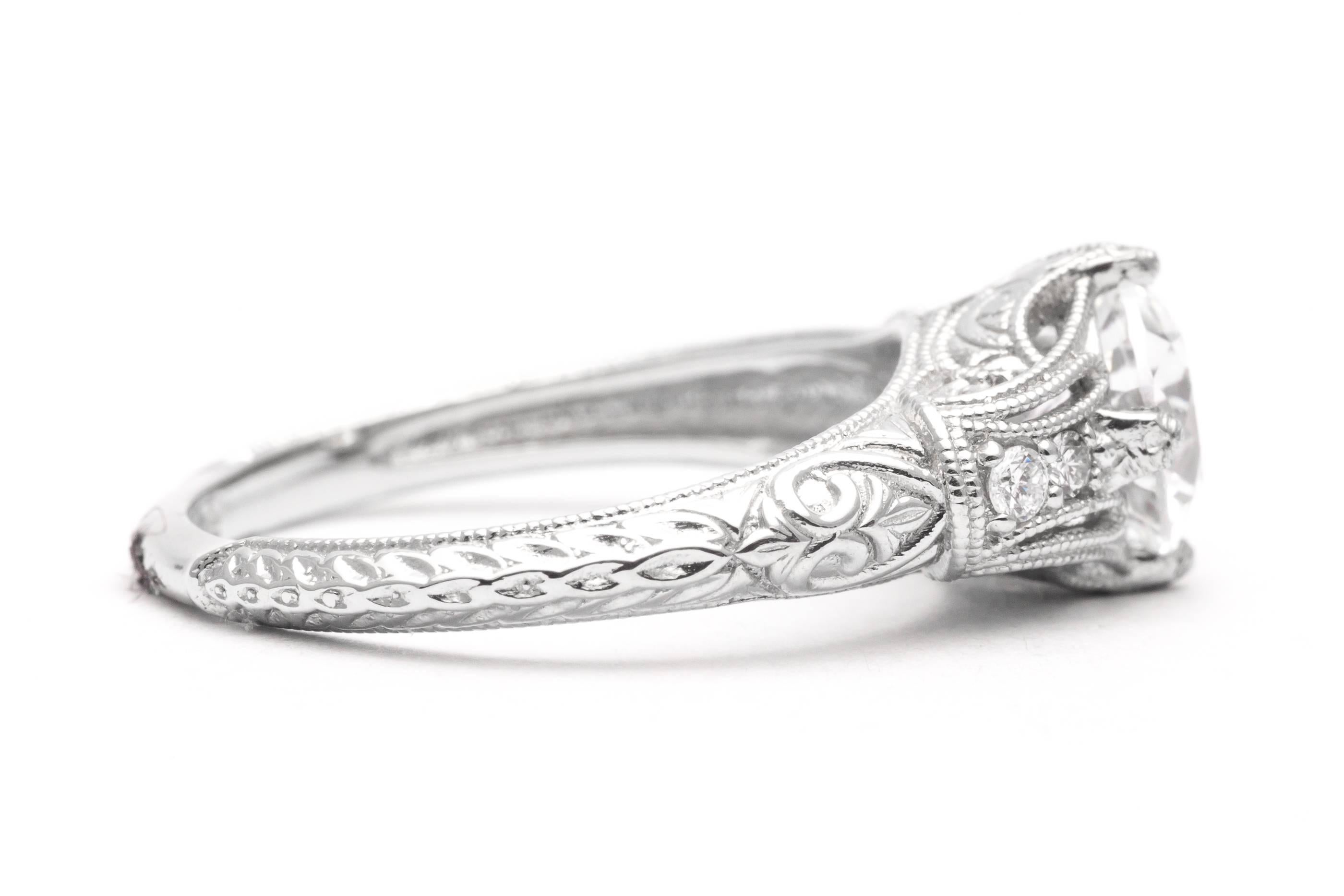 Women's Hand Engraved 1.02 Carat Diamonds Platinum Engagement Ring For Sale