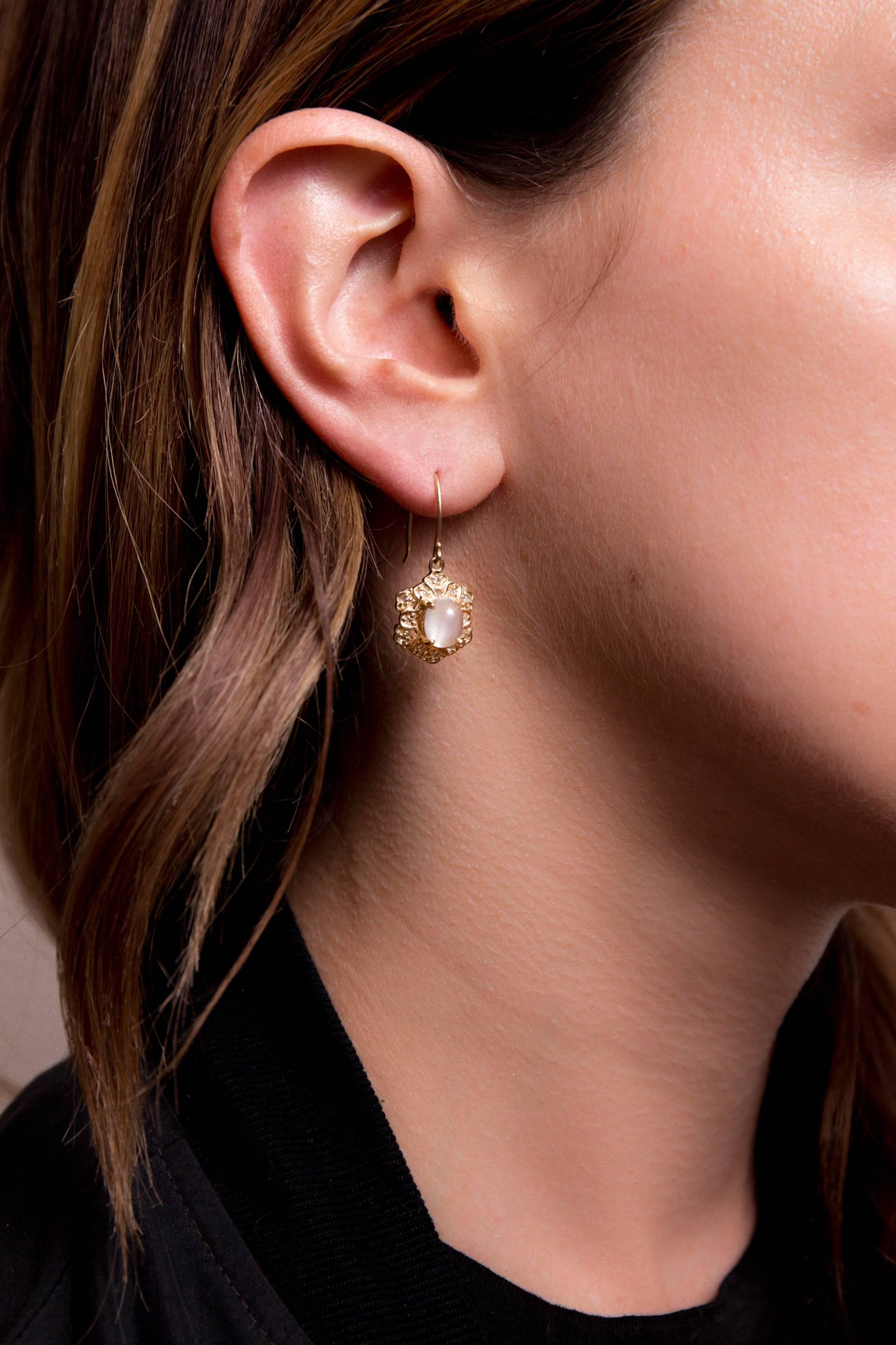 Women's Moonstone Rose Cut Diamond Yellow Gold Earrings  For Sale