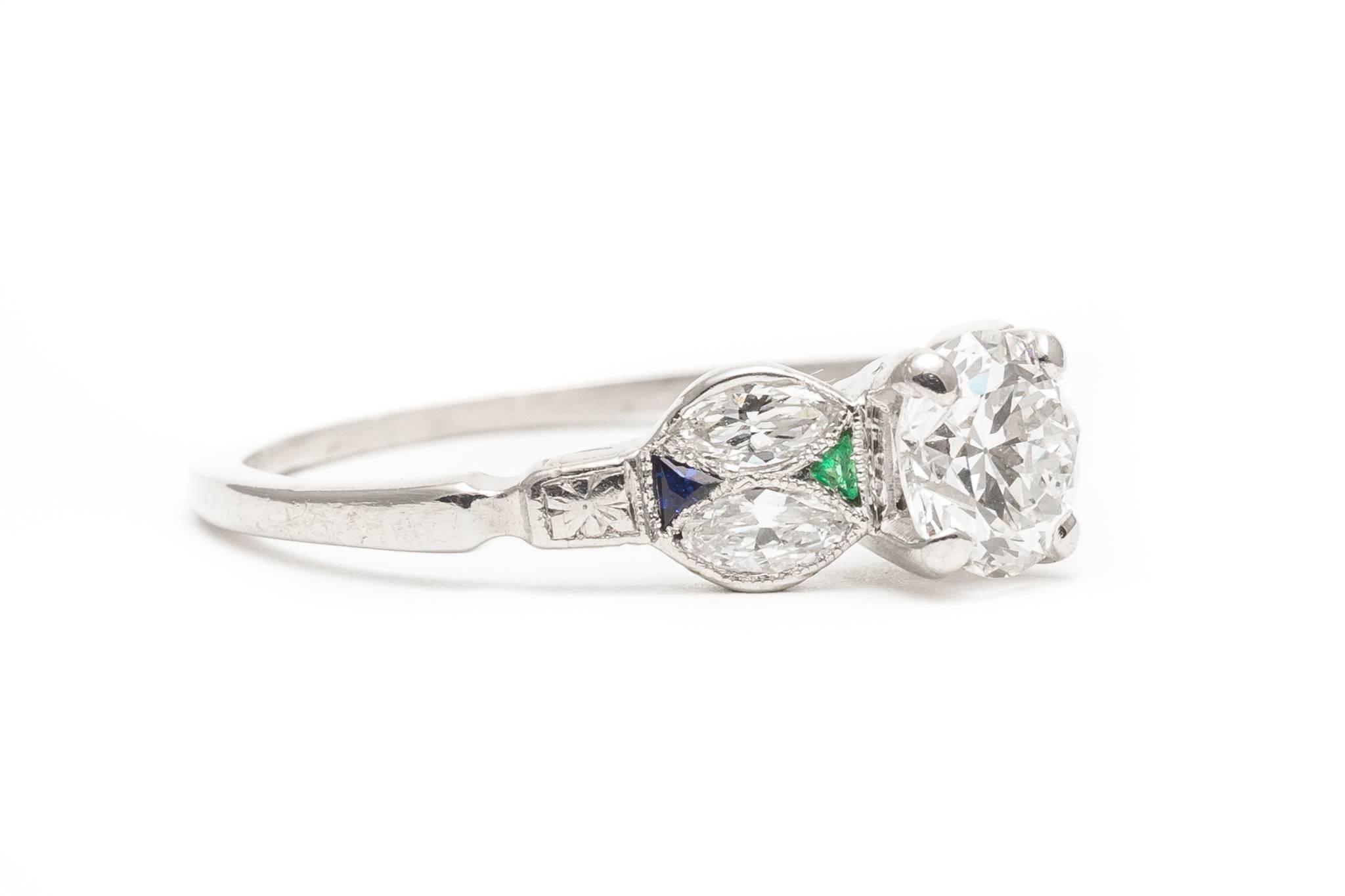 Women's Art Deco 0.80 Carat Diamond, Emerald and Sapphire Engagement Ring For Sale