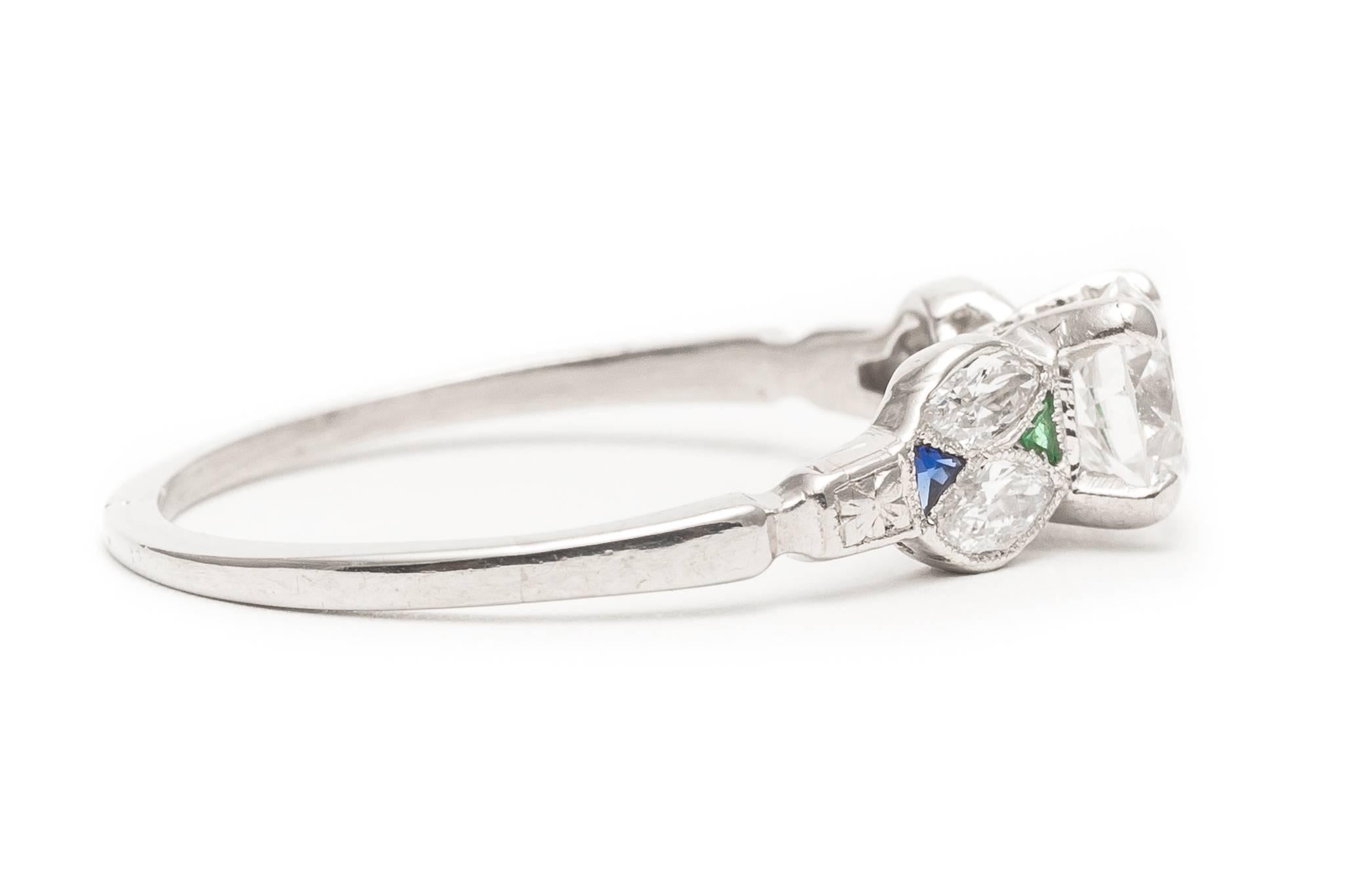 Art Deco 0.80 Carat Diamond, Emerald and Sapphire Engagement Ring For Sale 2