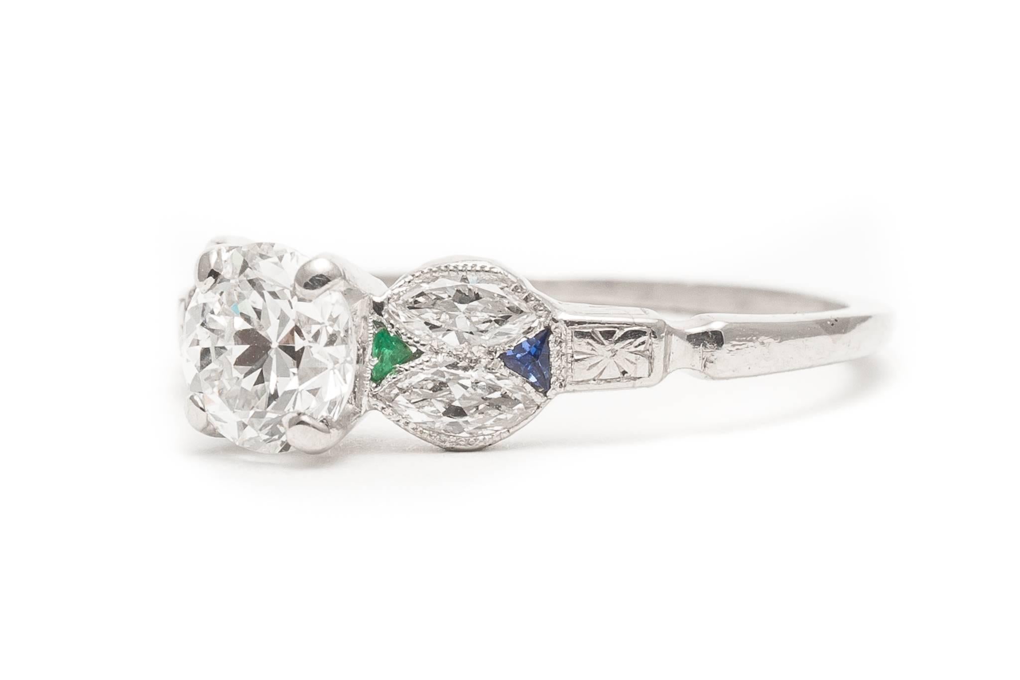 Art Deco 0.80 Carat Diamond, Emerald and Sapphire Engagement Ring For Sale 1