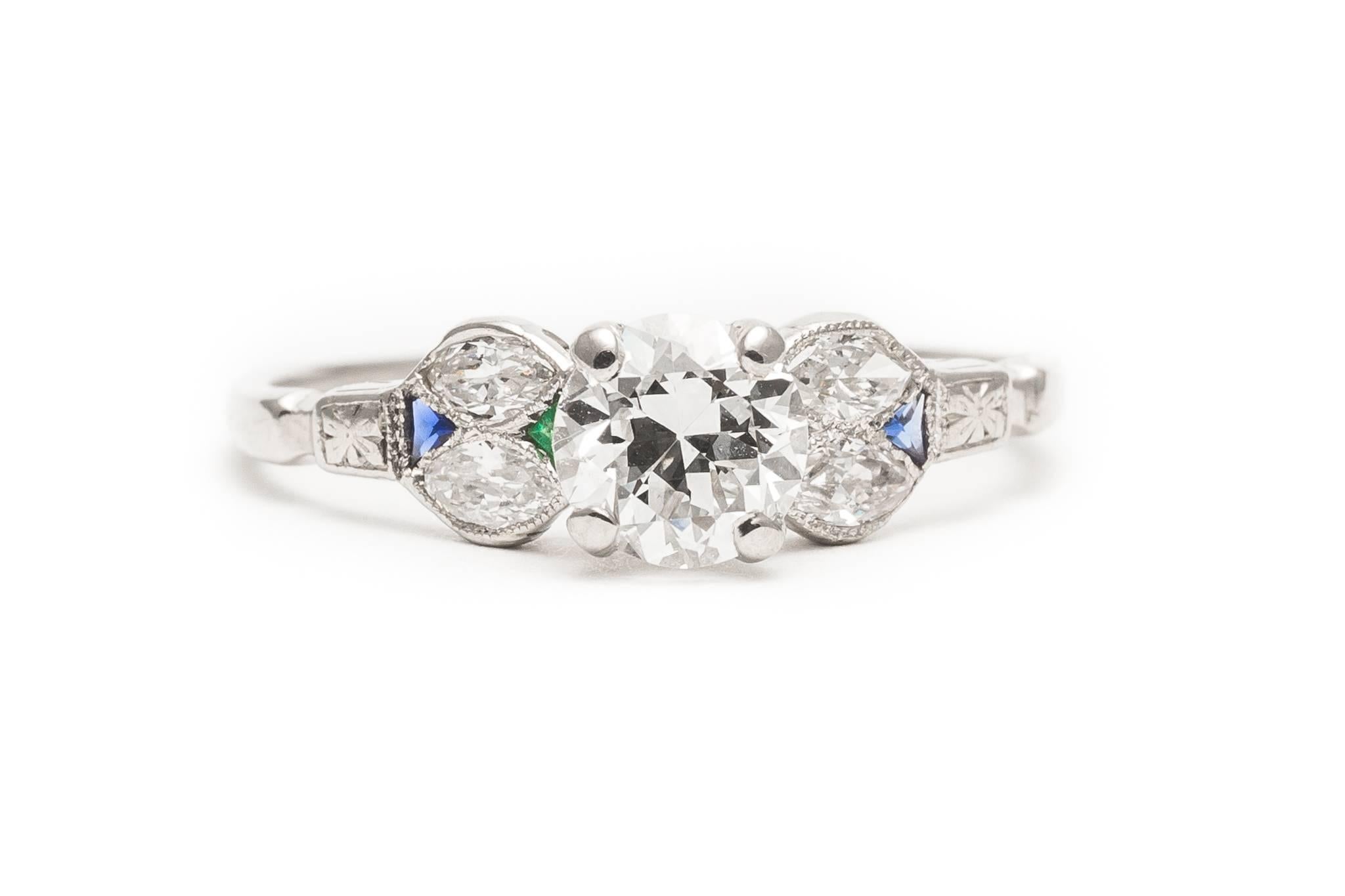Art Deco 0.80 Carat Diamond, Emerald and Sapphire Engagement Ring In Excellent Condition For Sale In Boston, MA