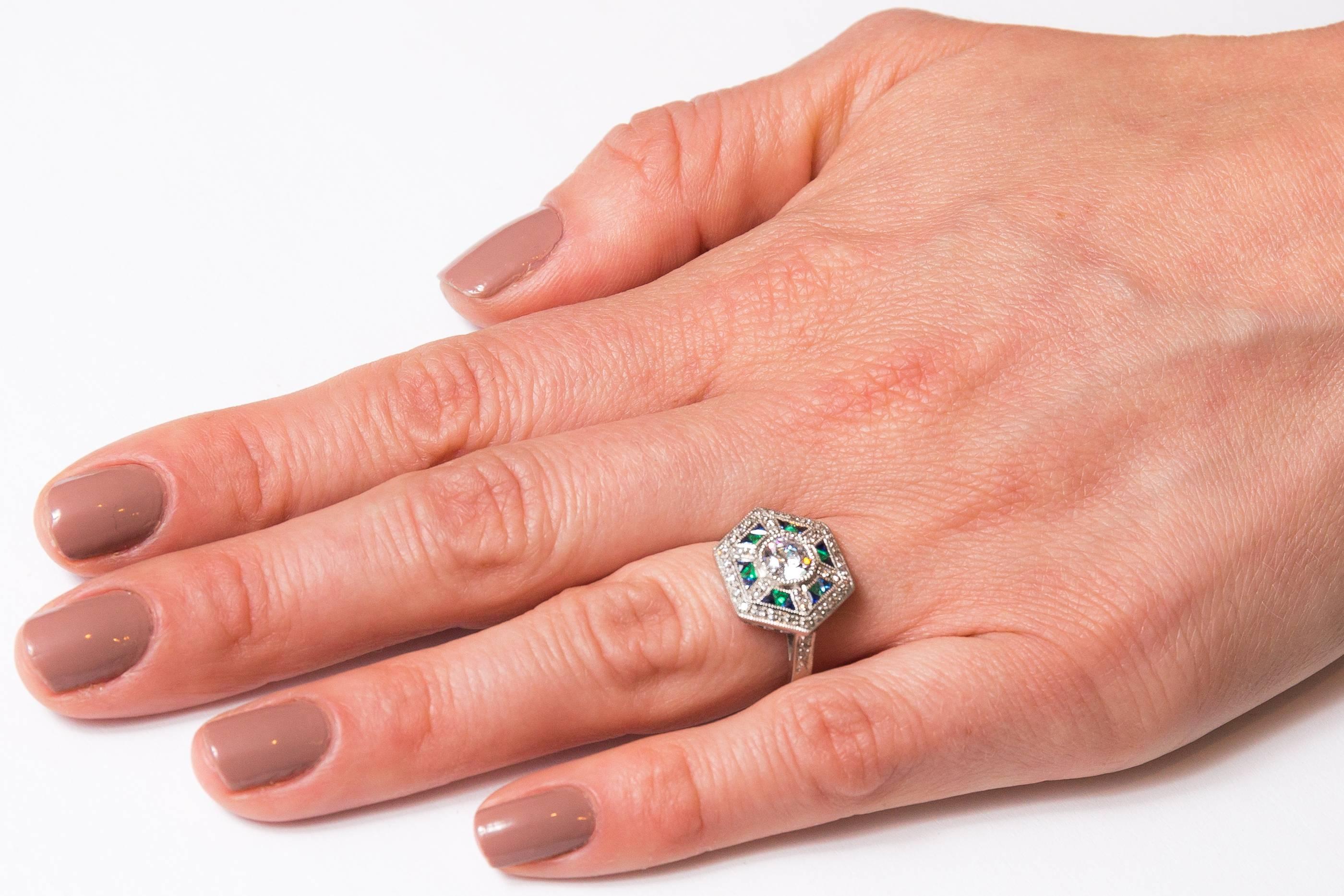  Sapphire Emerald Diamond Platinum Engagement Ring  For Sale 2