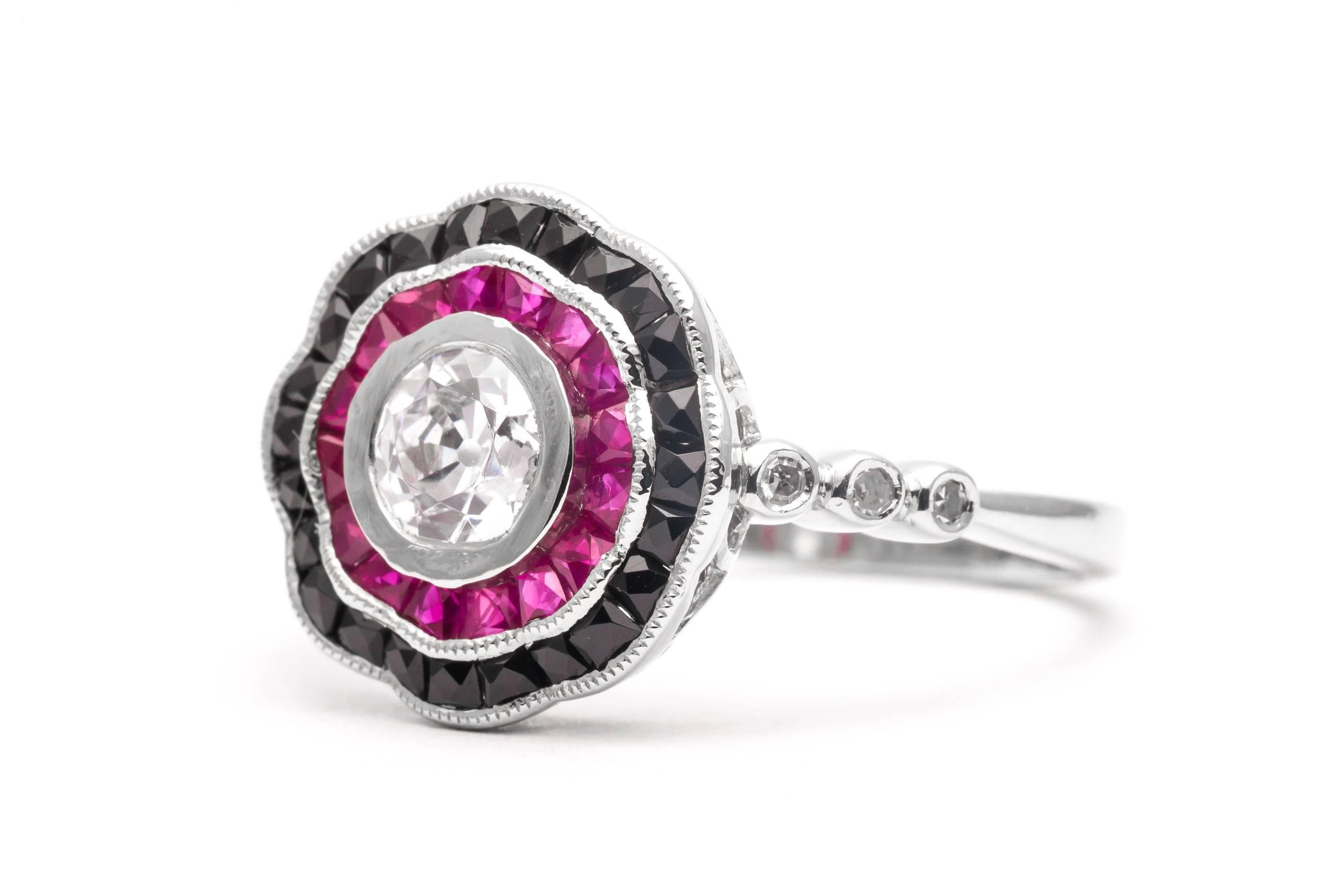 Women's Dramatic Onyx Ruby Diamond Platinum Engagement Ring For Sale