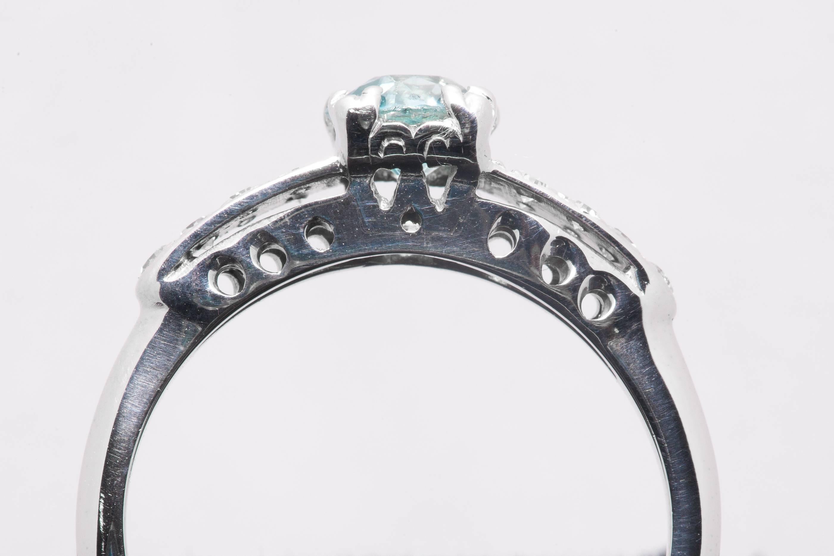 Women's Art Deco Blue Zircon Diamond White Gold Ring For Sale