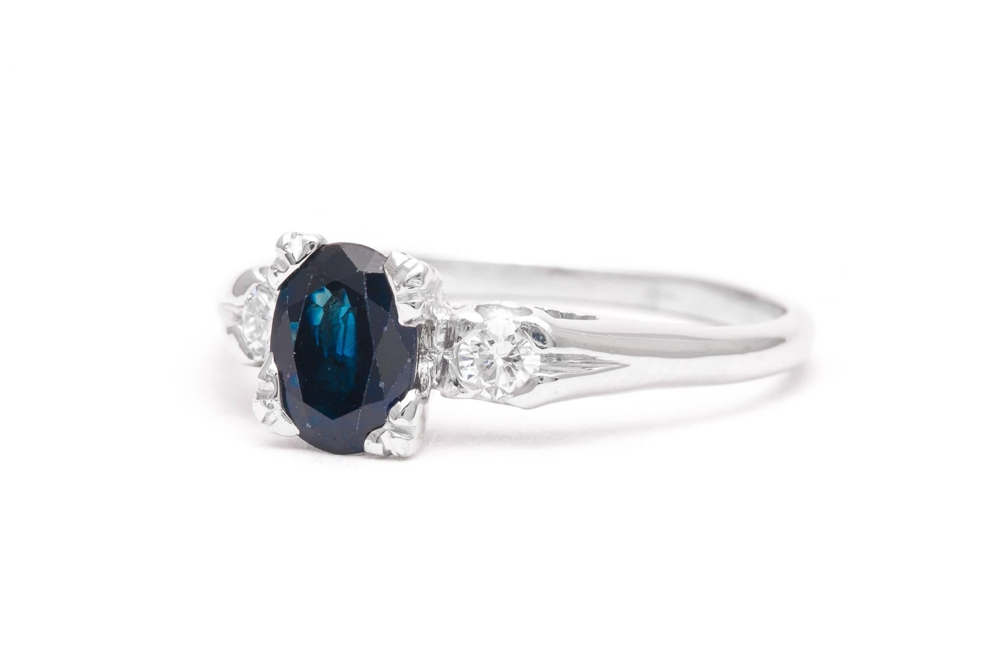 Retro Midcentury Sapphire and Diamond Three-Stone Ring in Platinum For Sale