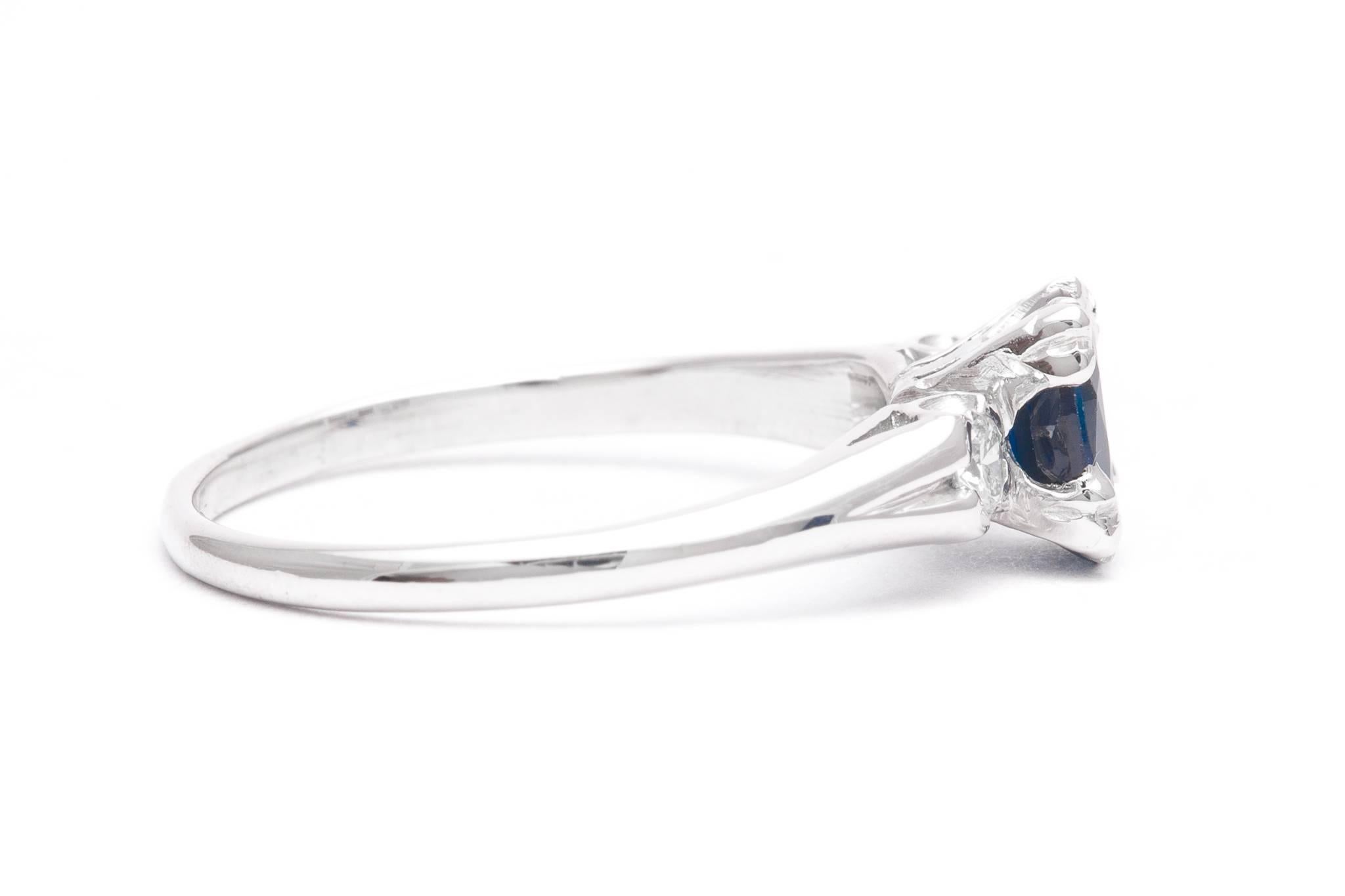 Midcentury Sapphire and Diamond Three-Stone Ring in Platinum In Excellent Condition For Sale In Boston, MA