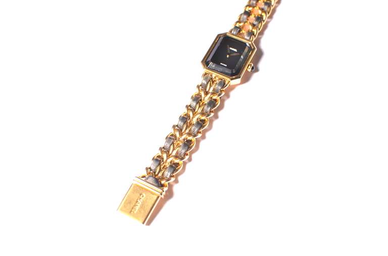 Chanel Premiere Gold Plated Gold Chain & Black Leather Watch In Good Condition In Houston, TX