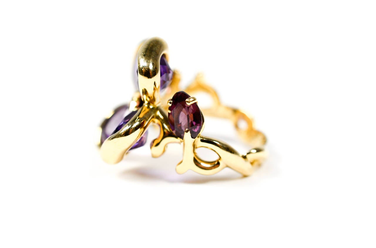 Chanel Camellia Purple Amethyst Gold Ring In Excellent Condition For Sale In Houston, TX