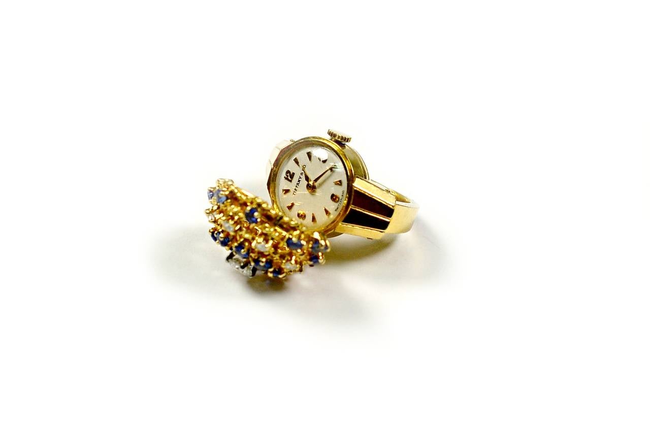 Tiffany & Co. Yellow Gold Diamond Sapphire Watch Ring In Excellent Condition In Houston, TX