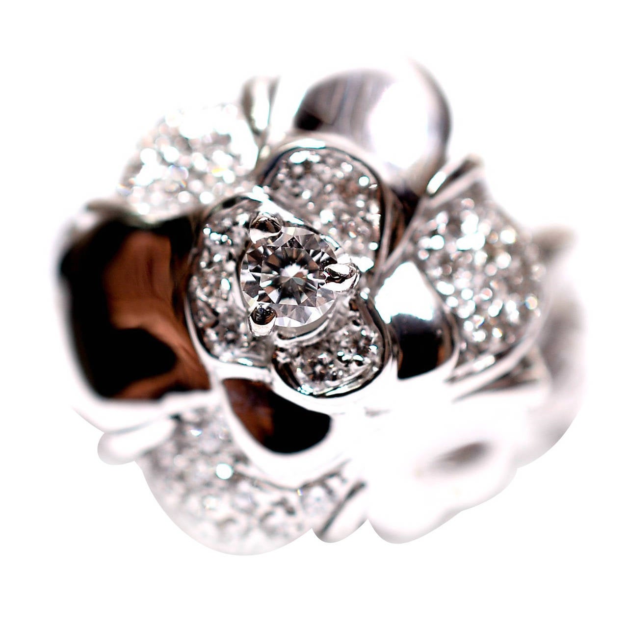 Chanel Diamond Gold Camellia Flower Cocktail Ring For Sale