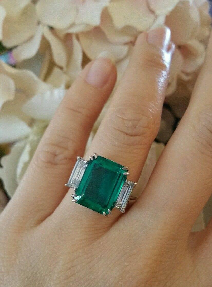 7.39 Carat GIA Cert Colombian Emerald Diamond Platinum Three Stone Ring 4