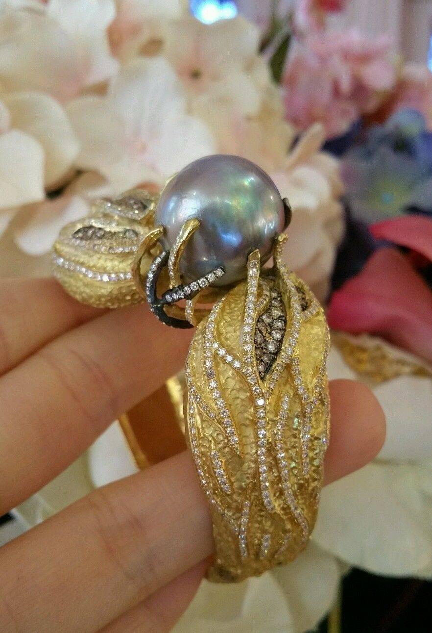 Women's Large Baroque Pearl Diamond Textured Gold Bangle Bracelet  For Sale