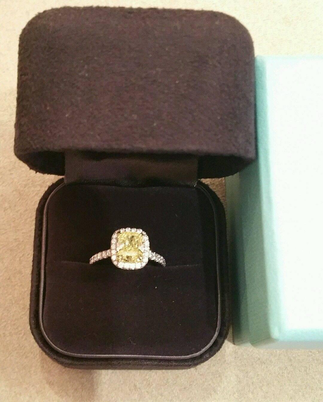Tiffany & Co. 1.62 Carat Cushion Fancy Intense Yellow Diamond Gold Platinum Ring In Excellent Condition In La Jolla, CA