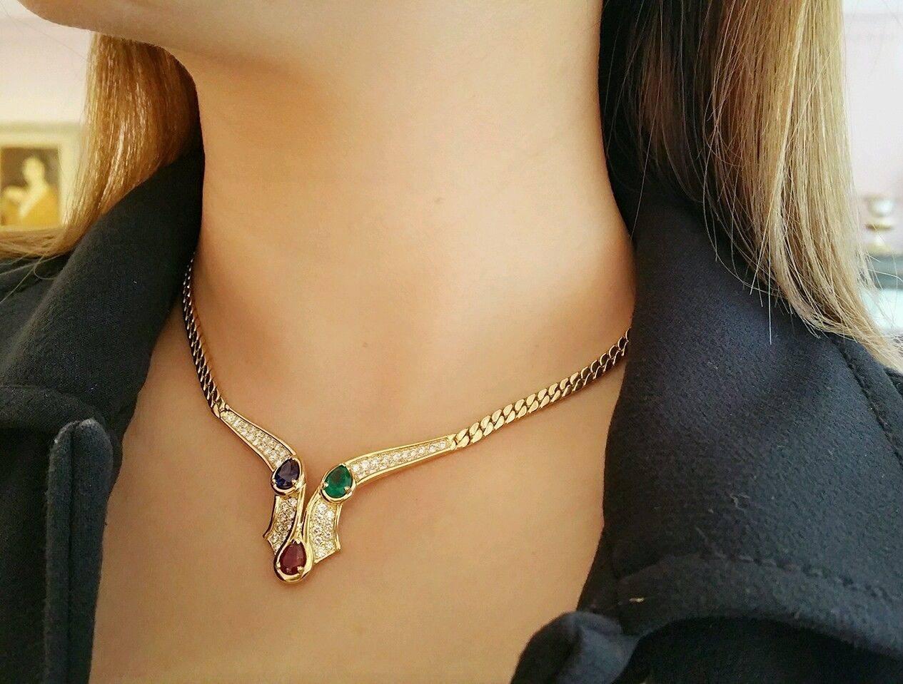Mauboussin Sapphire Ruby Emerald Diamonds Gold Necklace In Excellent Condition For Sale In La Jolla, CA