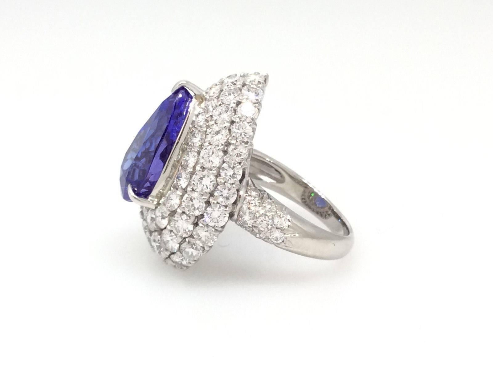 Pear Shaped Tanzanite Tiered Diamond Platinum Ring For Sale 1