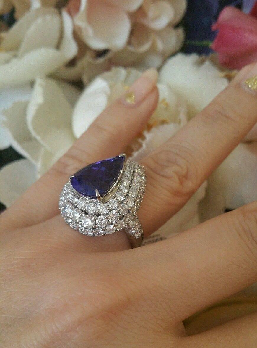 Pear Shaped Tanzanite Tiered Diamond Platinum Ring For Sale 2