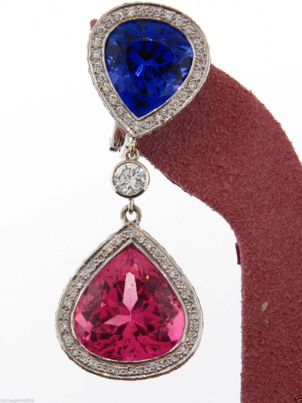 Laura Munder Tanzanite Pink Tourmaline Diamond Gold Drop Earrings In Excellent Condition In La Jolla, CA